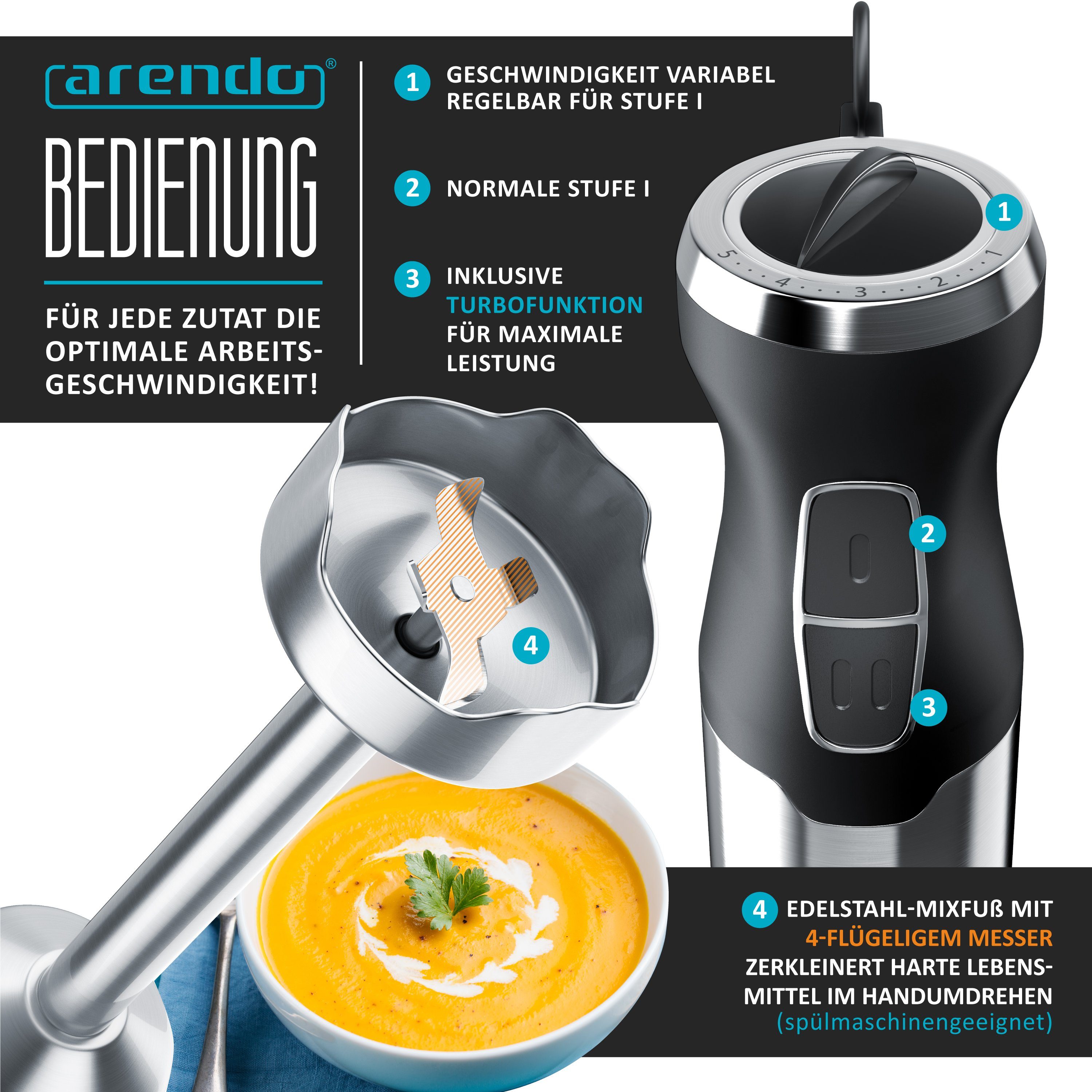 Arendo Stabmixer Edelstahl Pürierstab Set mit Zerkleinerer und Messbecher, Handmixer, 1000 W, 2 Geschwindigkeitsstufen, 4-Klingen, einfache Reinigung, DC Motor