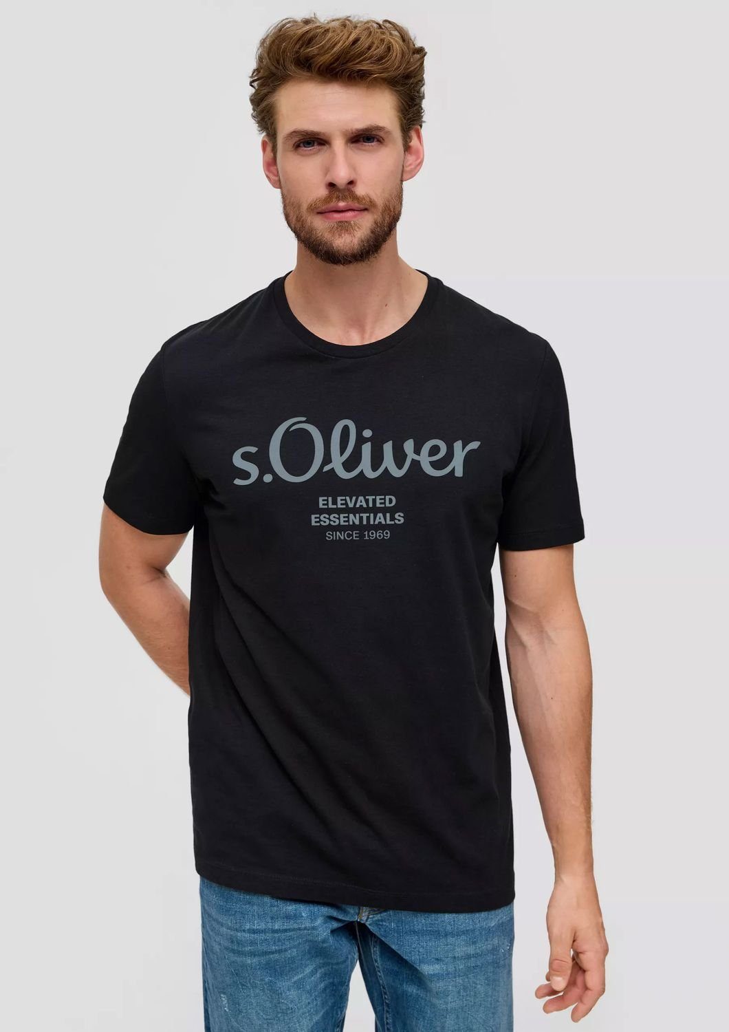 Schwarz s.Oliver T-Shirt Rundhals-Ausschnitt, mit (2-tlg) Pack kurzarm, im 2er Logo-Aufdruck