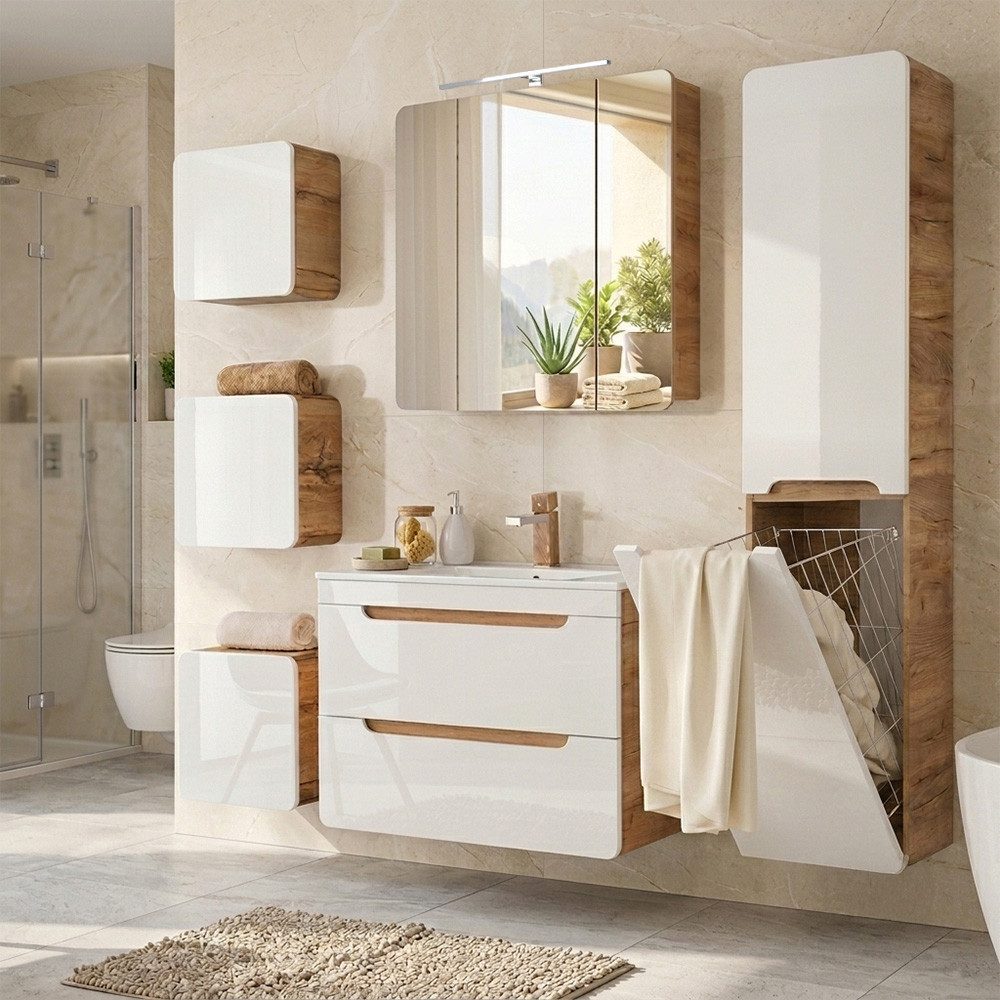 Lomadox Badmöbel-Set LUTON-56, (Spar-Set, 6-St., Hängeschranke Spiegelschrank Waschbecken Waschbeckenschrank), Hochglanz weiß mit Wotan Eiche, Beleuchtung, Waschtisch 80 cm