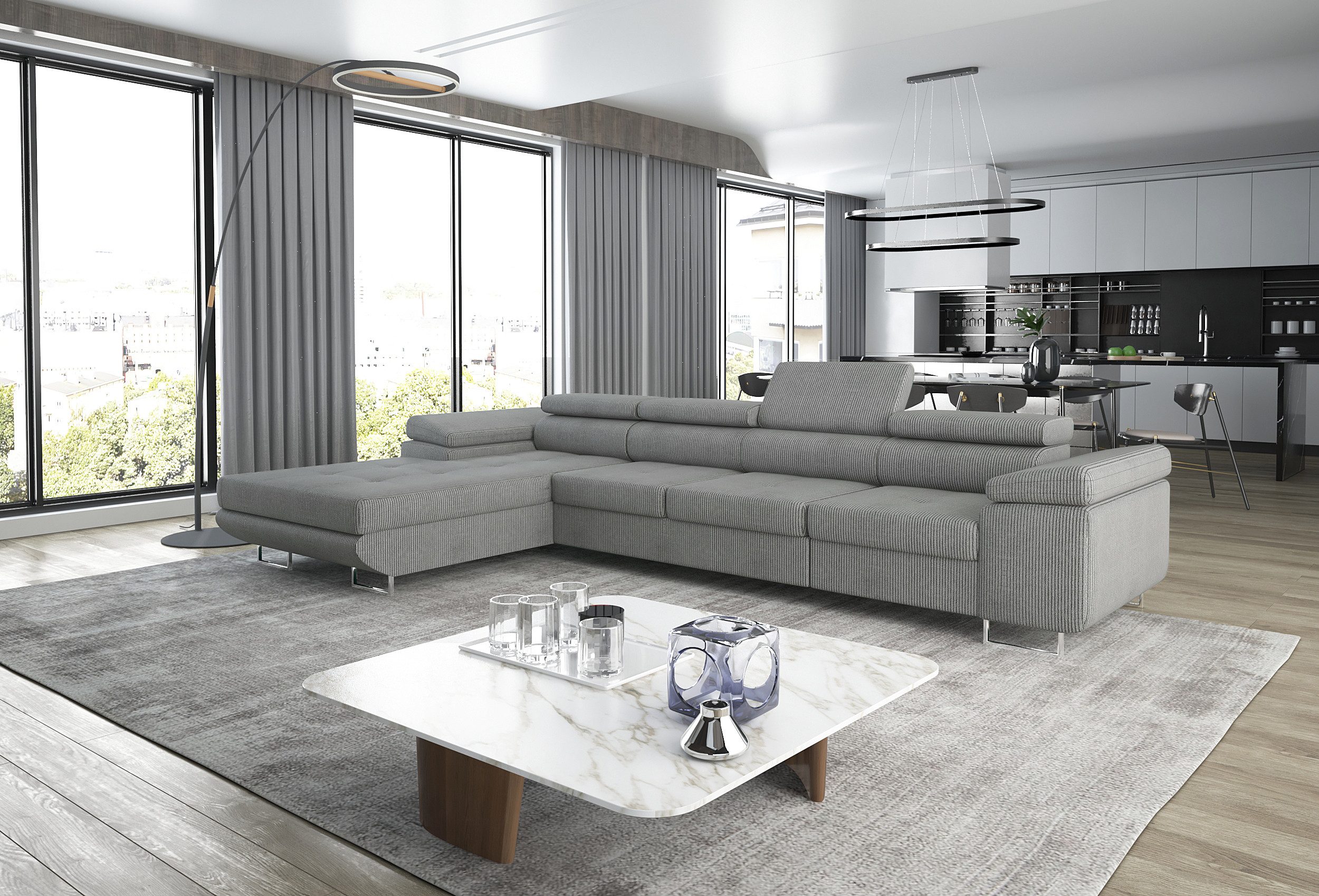 thematys Ecksofa ALVARO MAXI 355 x 204cm mit Schlaffunktion & Bettkasten –, L-Sofa mit 4 verstellbaren Kopfstützen, Samt (Monolotith), oder Cord (Poso) - L-Form, XL-Wohnlandschaft, 355 cm breit