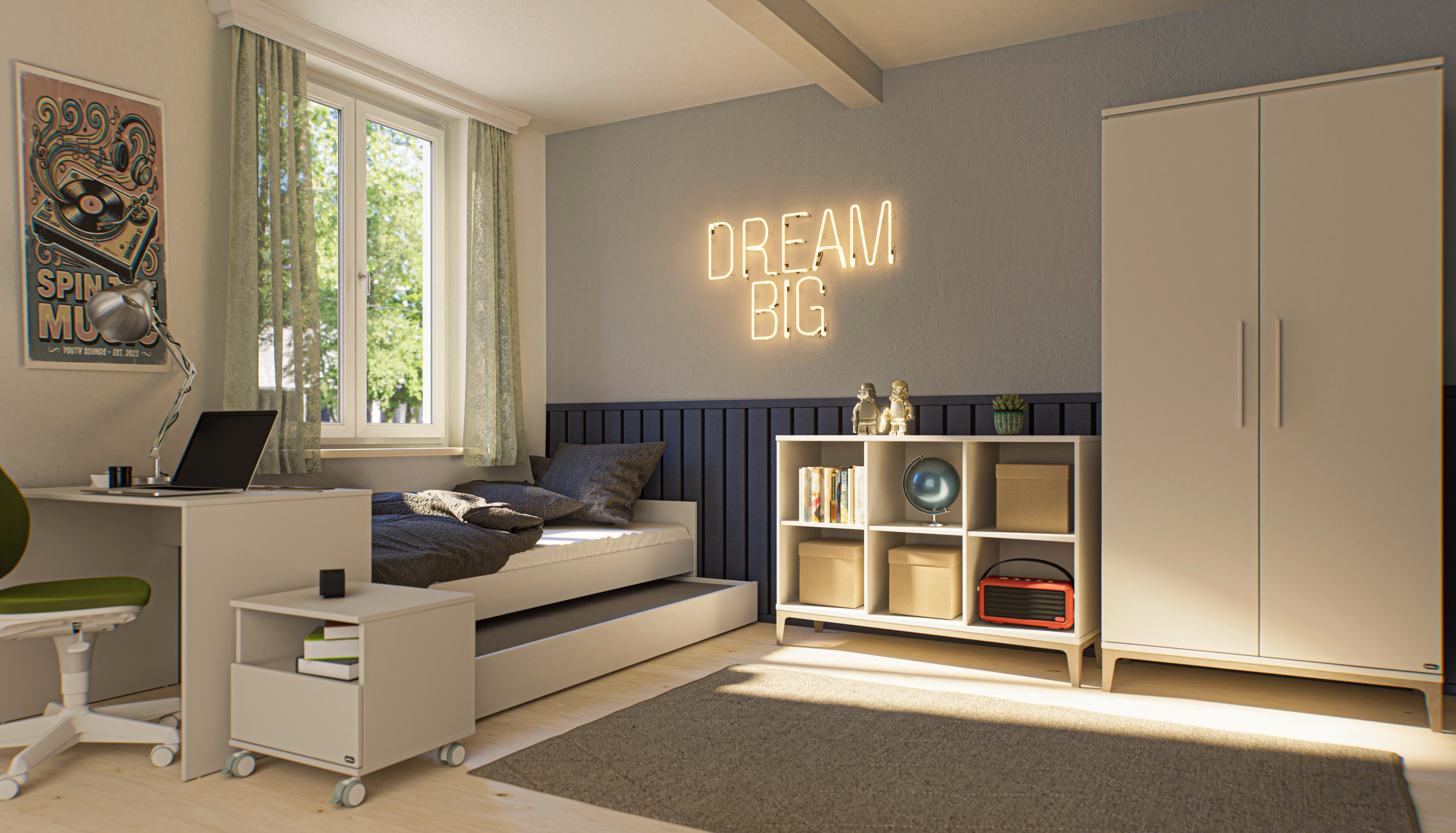 PAIDI Kinderbett CUTIE LEA in Weiß mit Bettkasten, Jugendliege (L/B/H ca. 204/96-126/56cm, Off-White), bietet extra Stauraum oder zusätzliche Liegefläche, Kojenliege