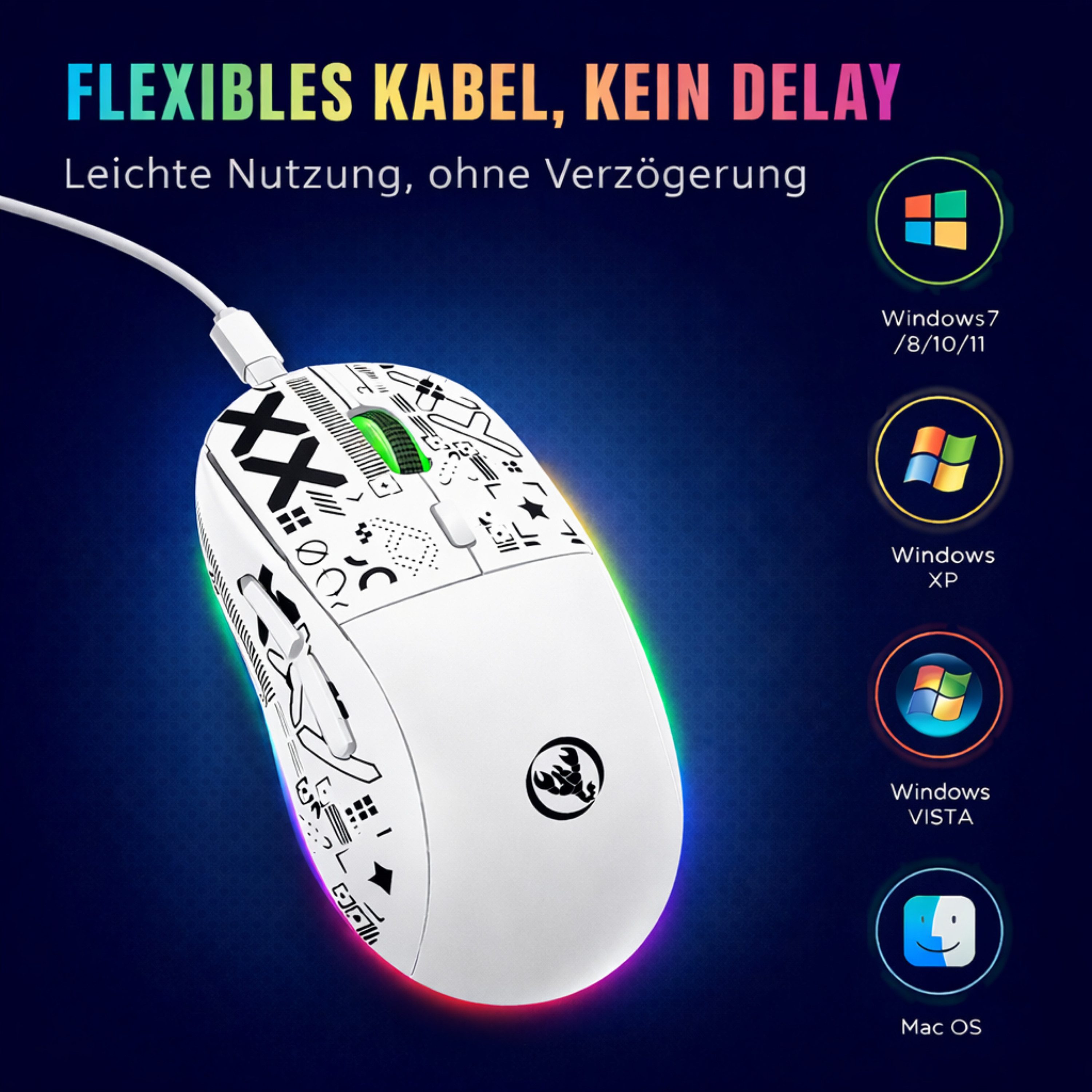 RUHE RGB Gaming Maus Kabellos Wireless Leise Maus Beleuchtung Plug & Play Gaming-Maus (Bluetooth, Funk, kabelgebunden, 3 Geräte Verbindung, Drahtlos, Optische M – Bild 4 von 5