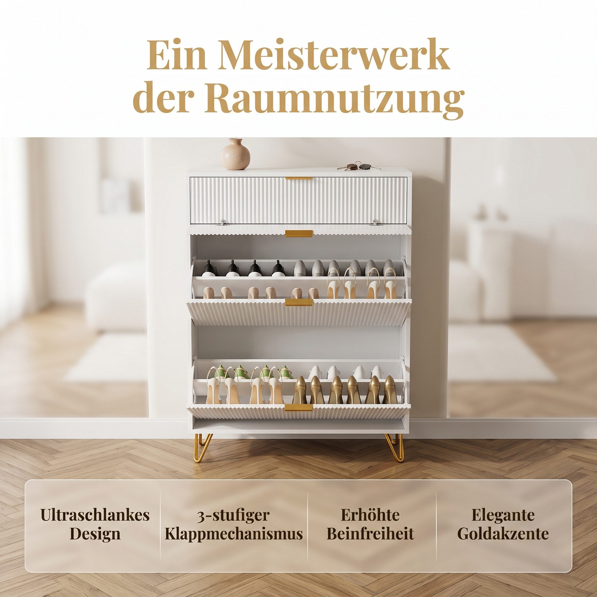 PXloue Schuhschrank mit 2 Klappen Schuhregal Schukipper( mit Kippsicherung)  Schuhkommode im Flur Diele,Trennwand verstellbar, 118,5x24x80cm
