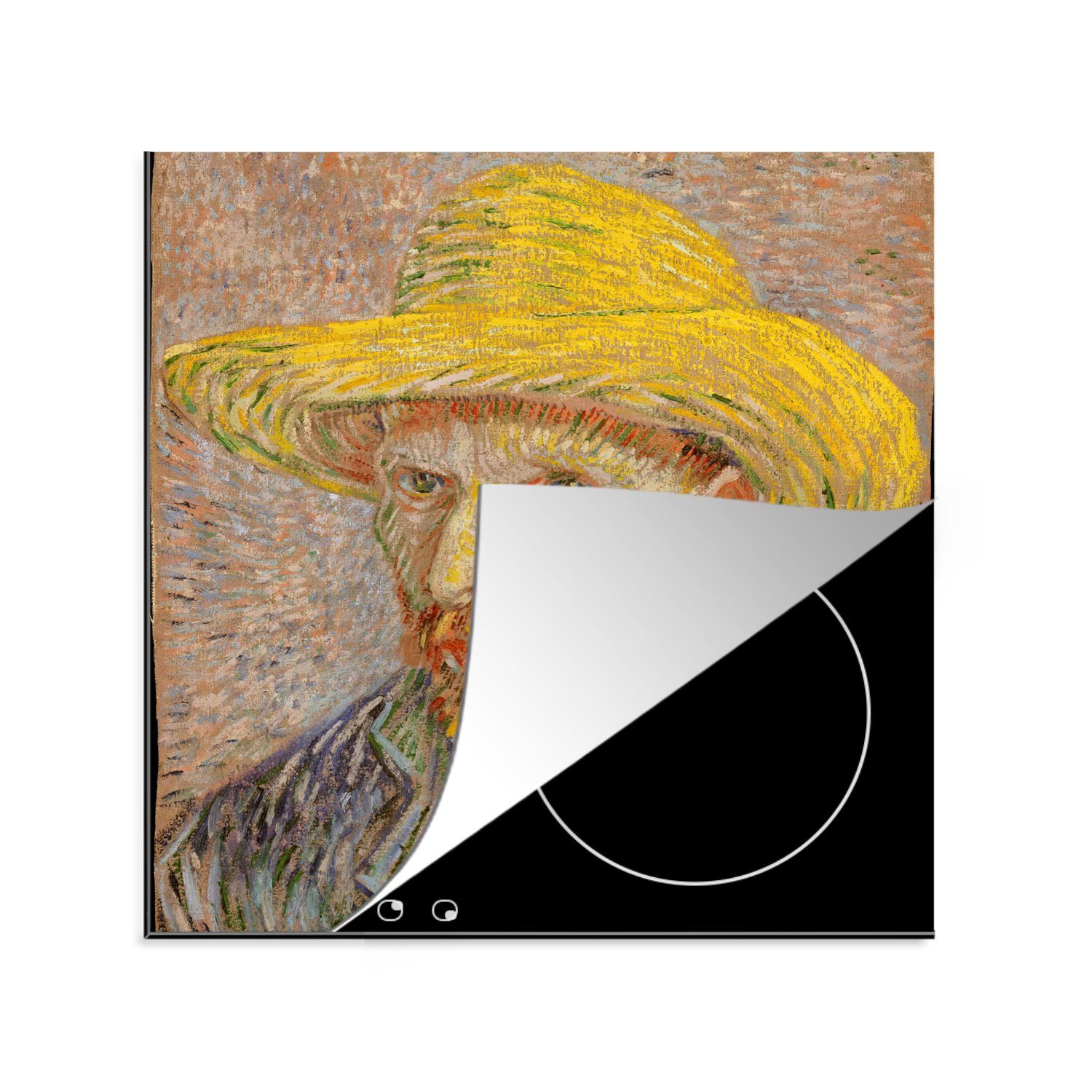 mit (1 für Vincent Arbeitsplatte cm, Ceranfeldabdeckung, tlg), Vinyl, Selbstbildnis Strohhut Herdblende-/Abdeckplatte Gogh, 78x78 van - MuchoWow küche