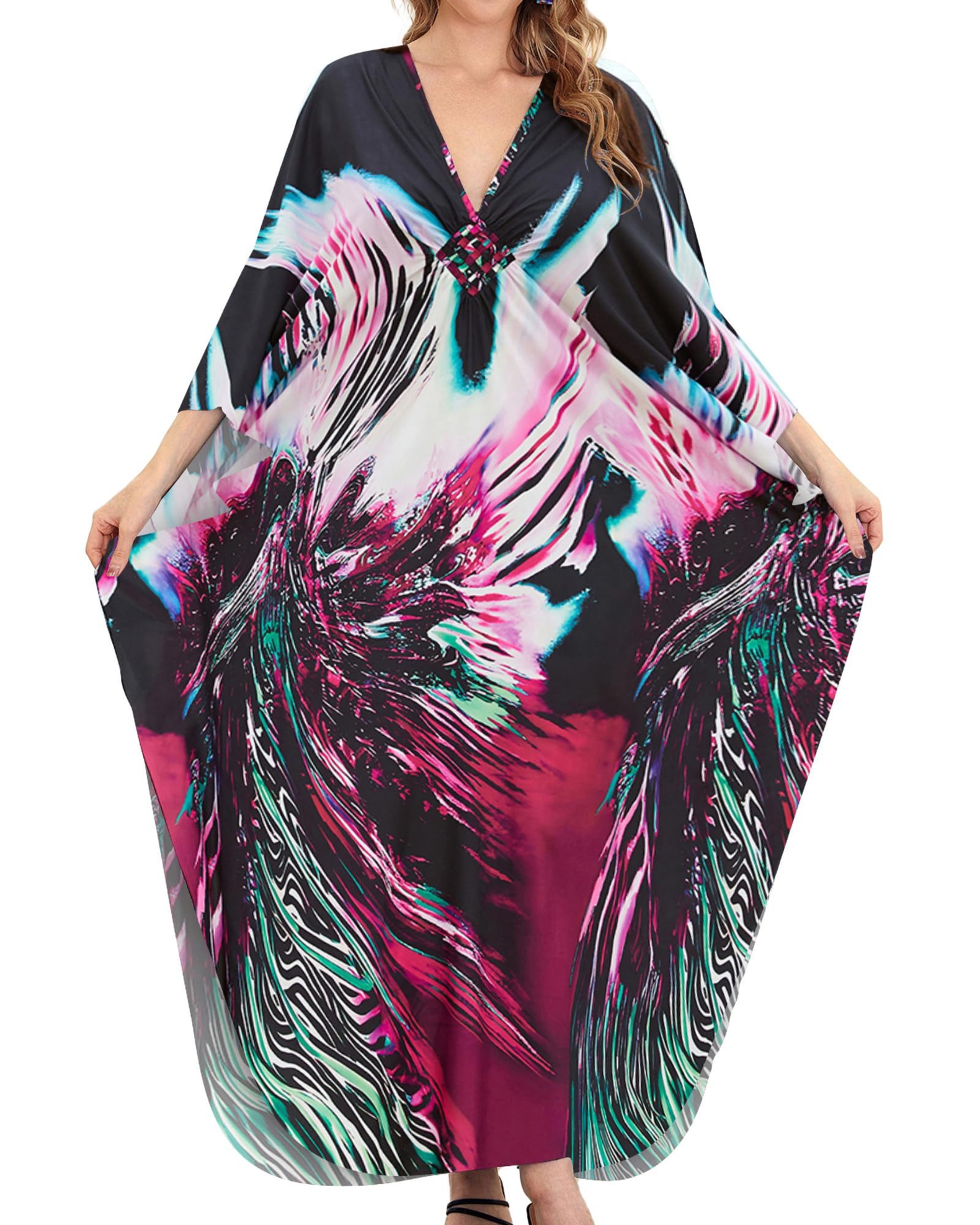 MOPUEA Strandkleid Long Beach Kleid für Frauen, Damen Lose Sommer Pareos (Einheitsgröße, V-Ausschnitt, leichte Fledermausärmel, 1-tlg) Frauen Plus Größe Badeanzug Druck Strand Cover Up