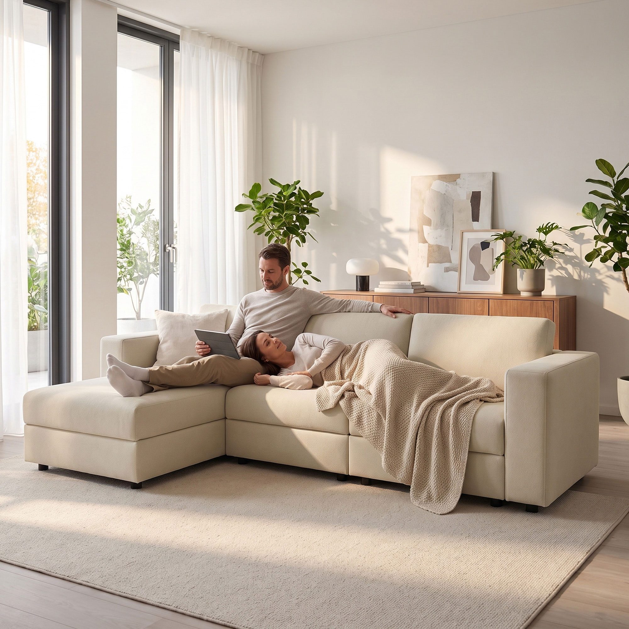 oleyluckidea Big-Sofa Ecksofa L form couch mit bodensofa Recamiere Braun Stoff sofa 305cm