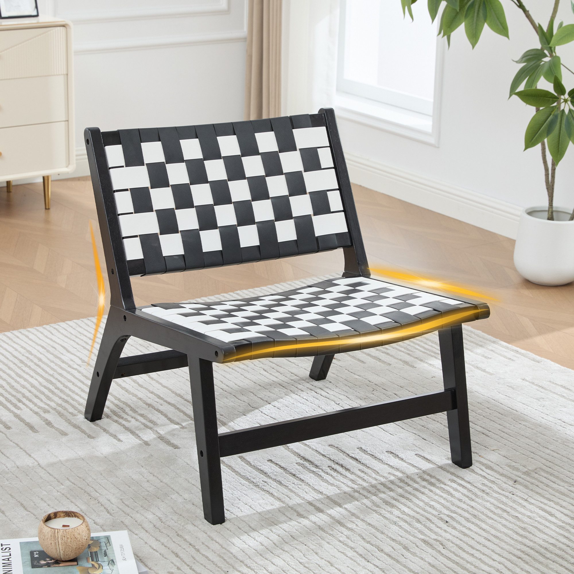 i@home Stuhl Stuhl, Freizeitstuhl im modernen Stil mit geflochtener Oberfläche, PU (Packung, 1 St), Schachbrettmuster,Holzgestell, für den Innen- und Außenbereich,schwarz