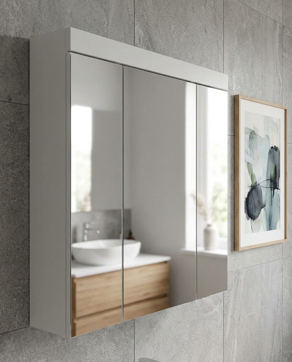 OTTO home Badezimmerspiegelschrank MAOI, mit 3 Spiegeltüren, in verschiedenen Ausführungen erhältlich (Wahlweise 60 oder 80 cm & mit oder ohne Beleuchtung) Badmöbel, Badschrank, Schrankspiegel, Spiegel, Bad, Badezimmer