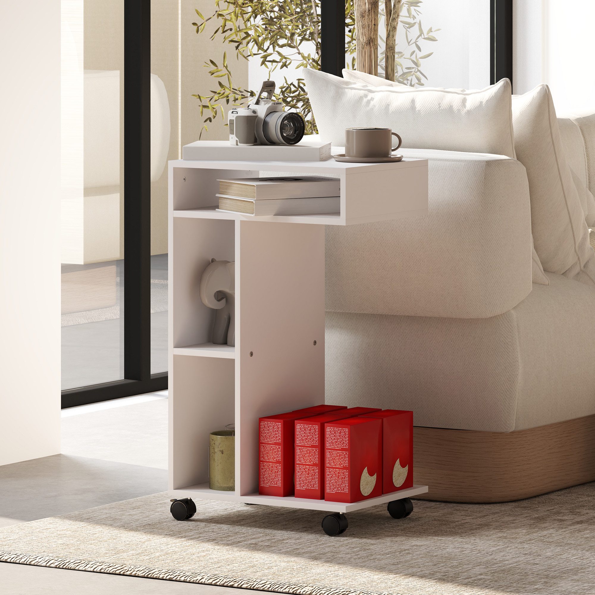 HOMCOM Beistelltisch Nachttisch mit 4 Regalen, Rollen, Couchtisch (Sofatisch, 1-St., Laptoptisch), Betttisch, für Esszimmer Wohnzimmer, Weiß