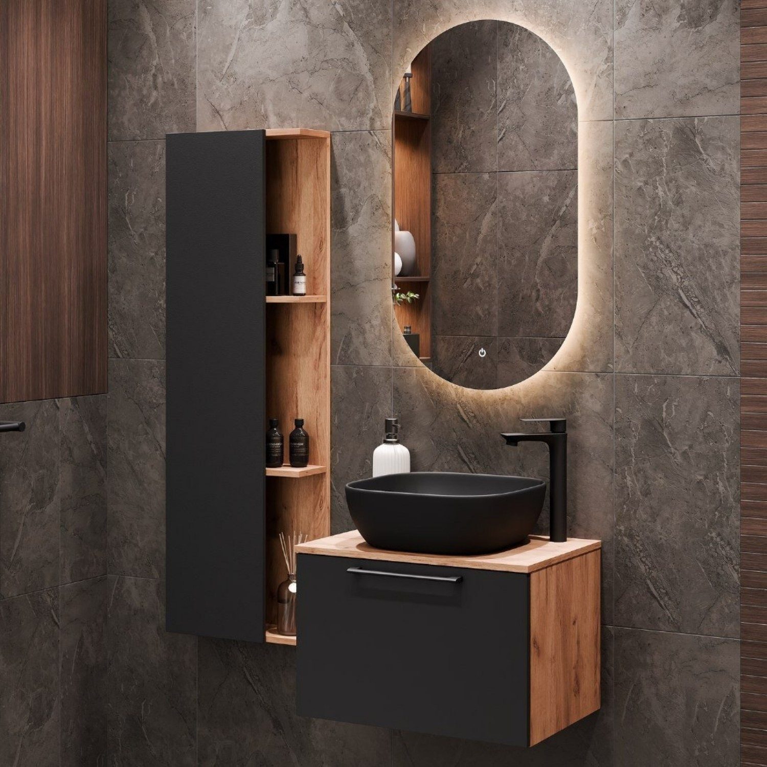 Planetmöbel Badmöbel-Set ASTRA Waschtischunterschrank 60 cm mit Seitenschrank, (Badezimmerschrank, 3-St., Waschbeckenunterschrank), Badezimmer Möbel im modernen Design