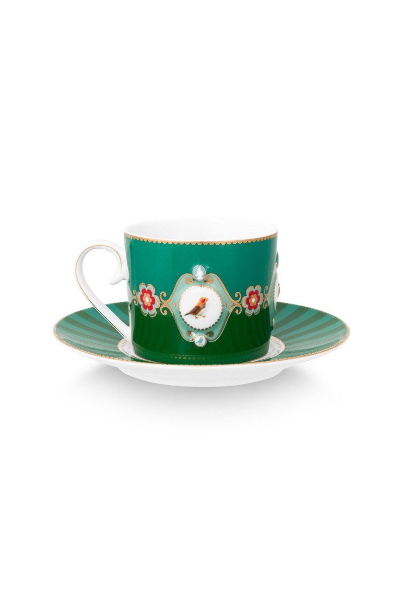 PiP Studio Tasse Love Birds Medallion Tasse m.U. grün 200ml, Bone China, Cup & Saucer Love Birds Medallion Emerald-Green 200ml