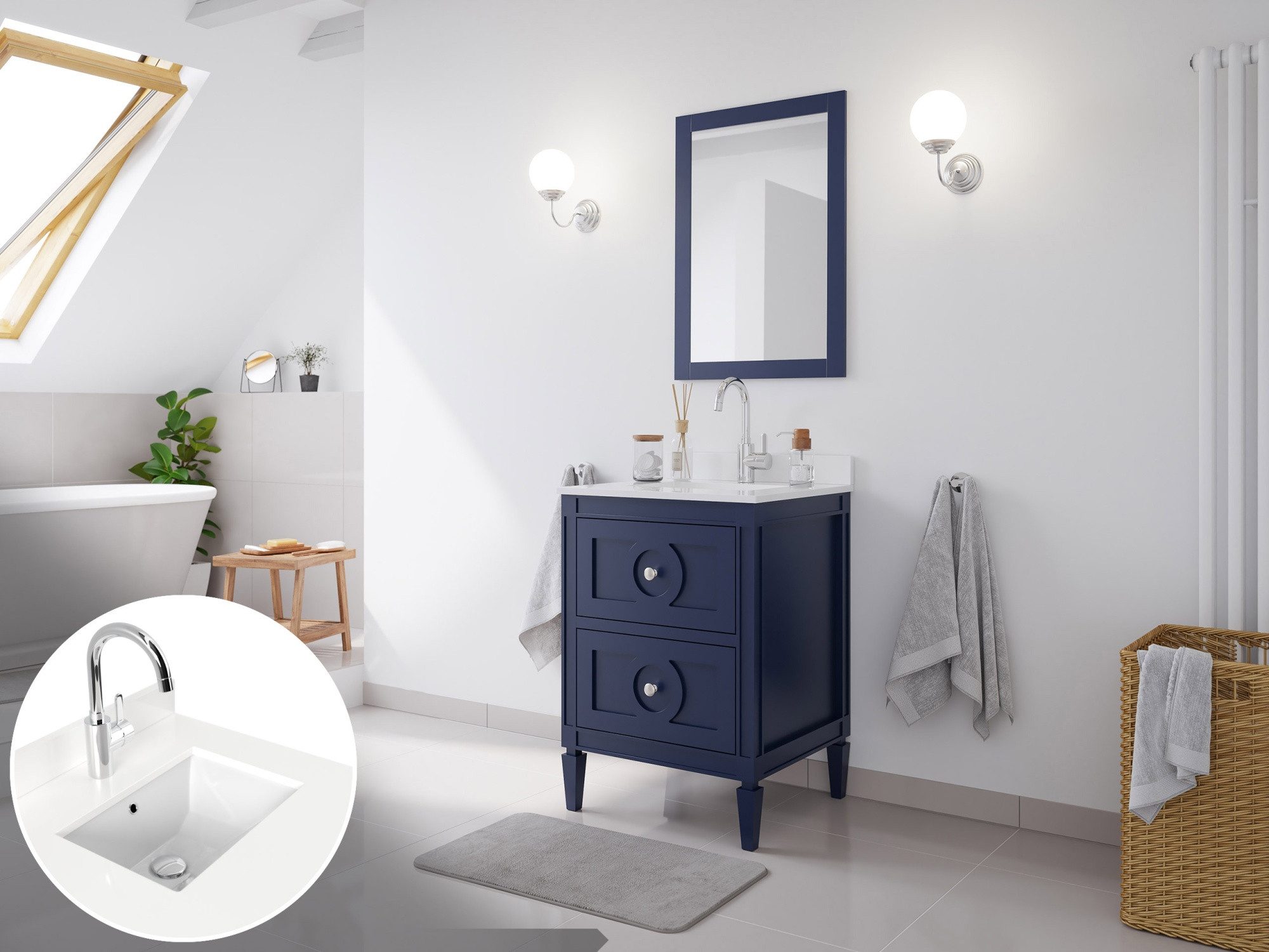 Magnolia Home Badmöbel-Set Landhaus Badmöbel-Set 2tlg Lavanda 60 Quarz weiß montiert blau lackier