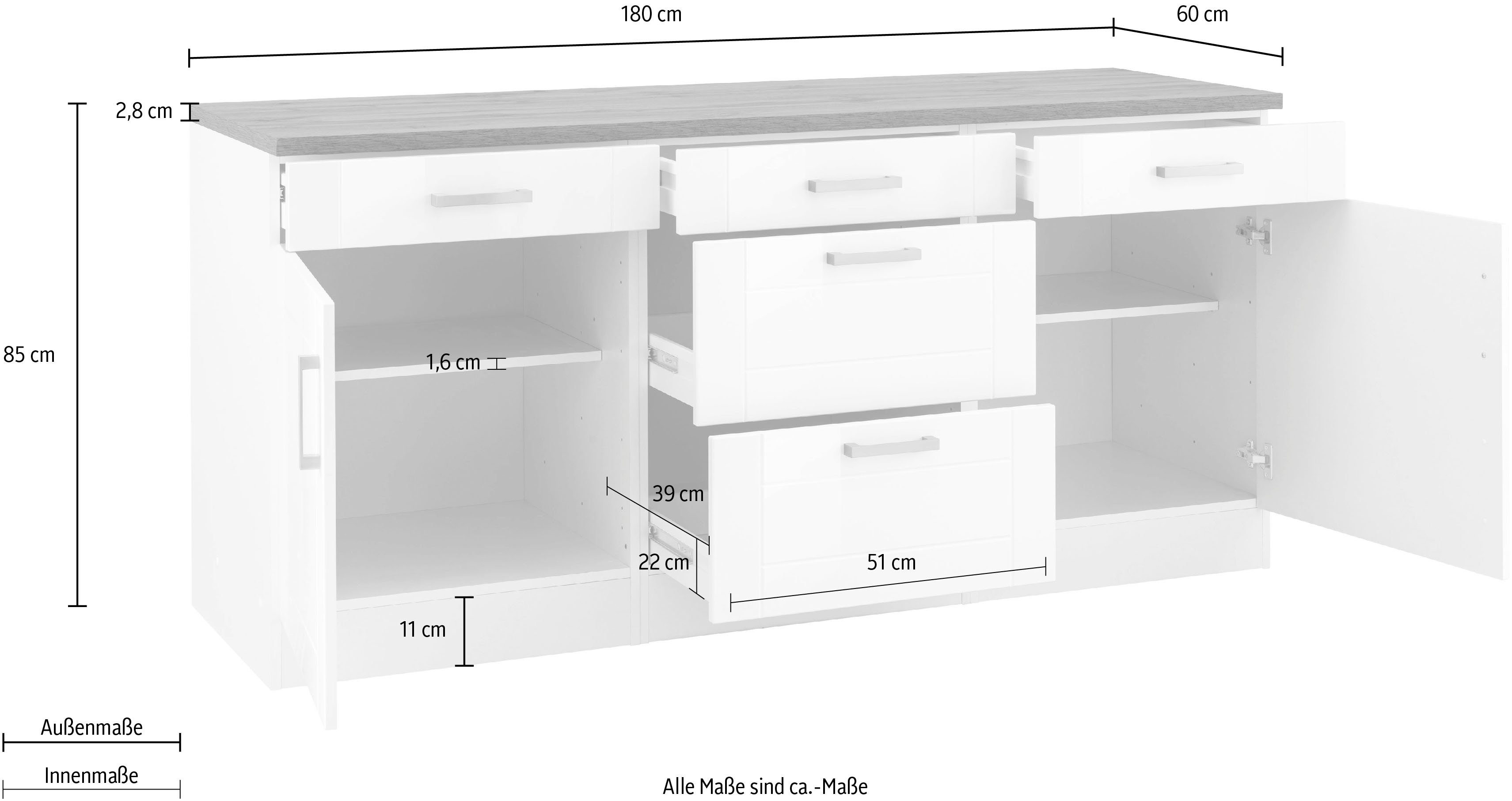 Unterschrank | Schubkästen, cm 2 Metallgriffe, Fronten, 180 3 Auszüge MÖBEL MDF weiß HELD Tinnum weiß breit,