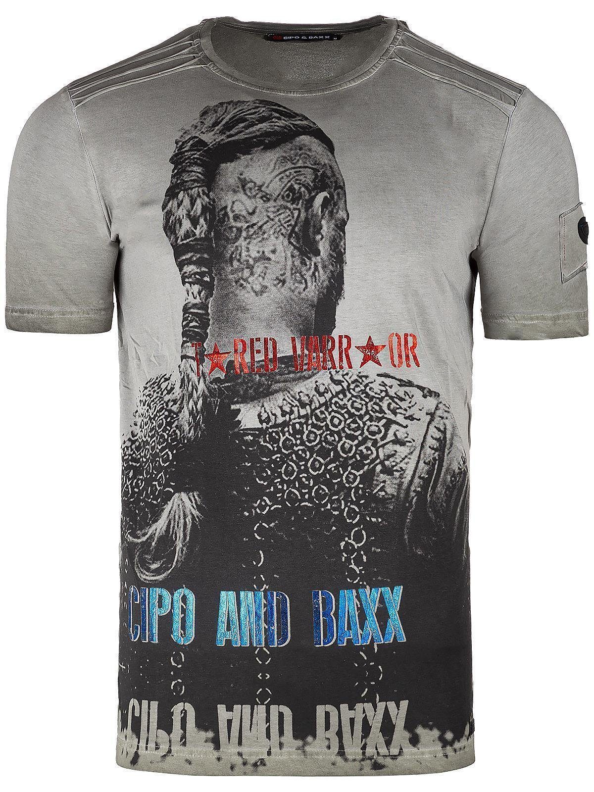 Cipo & Baxx Print-Shirt Auffälliges Kurzarm Shirt BA-CT412 (1-tlg) mit Wikinger Print grün