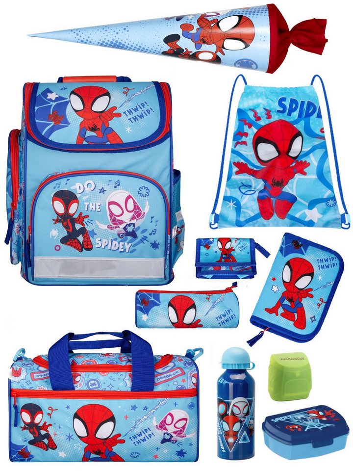 Familando Schulranzen Schulranzen SPIDEY 1.-4. Klasse ergonomisch, leicht, Volumen 15 Liter (10-tlg., inkl. Sporttasche und Schultüte / Zuckertüte 70cm), SPIDEY und seine Freunde, Blau