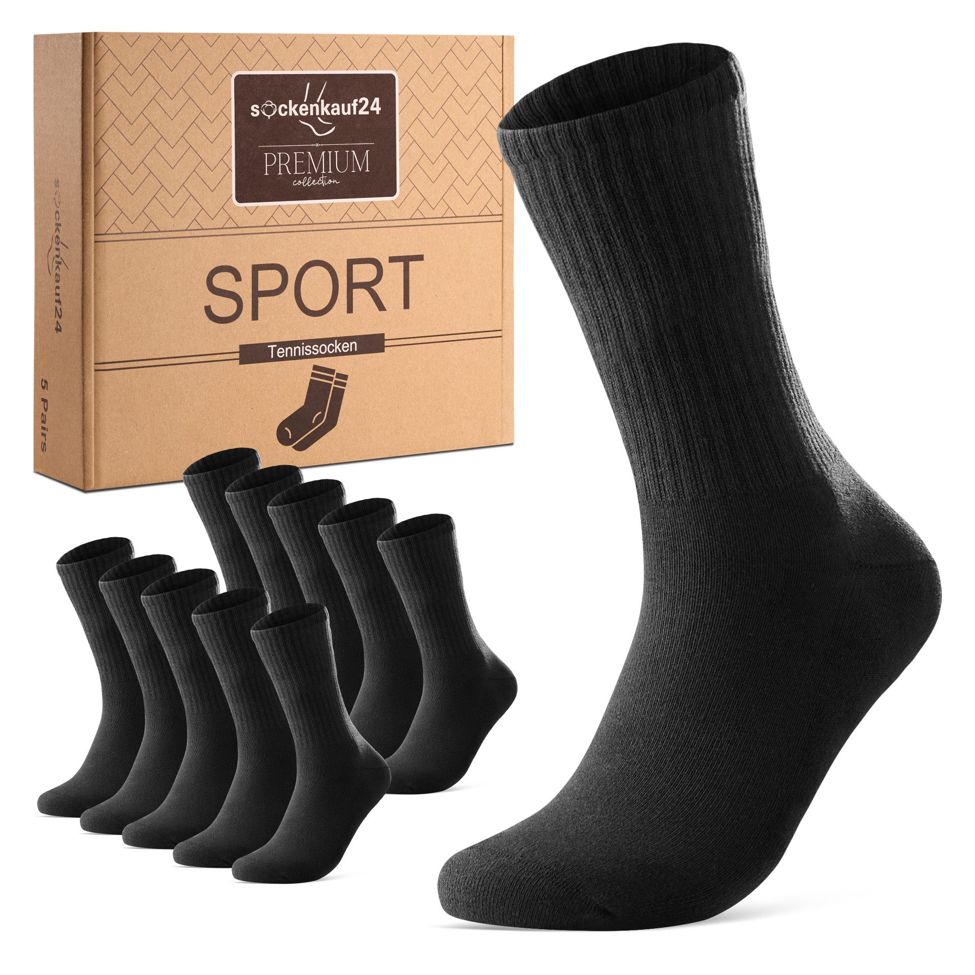 sockenkauf24 Tennissocken Sportsocken Damen & Herren Atmungsaktive Premium Crew Socken (5 Paar) verstärkte Ferse & Fußspitze, gepolsterte Sohle, Baumwolle