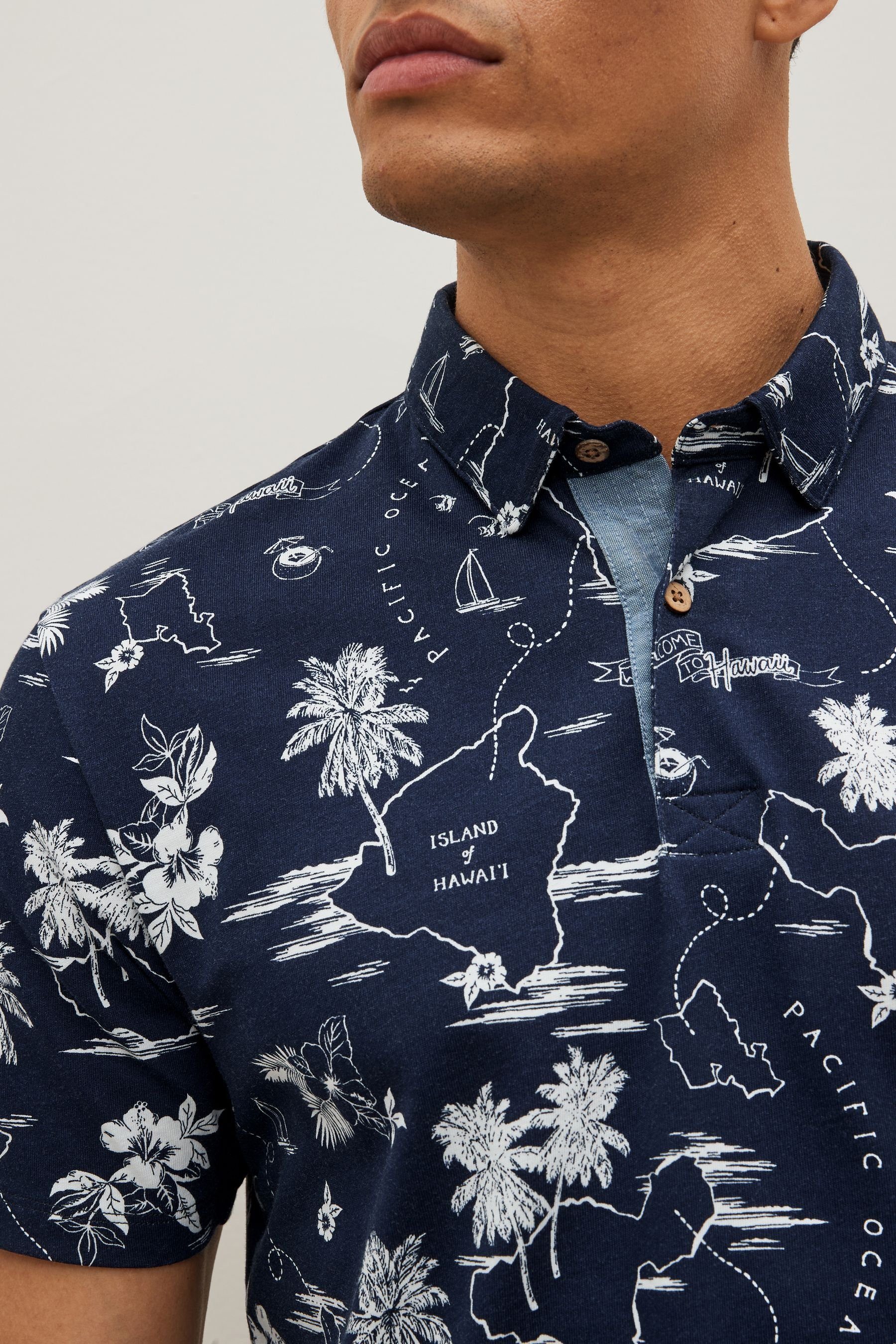 Next Poloshirt Blue Navy Geoprint Polo-Shirt (1-tlg) mit Hawaii
