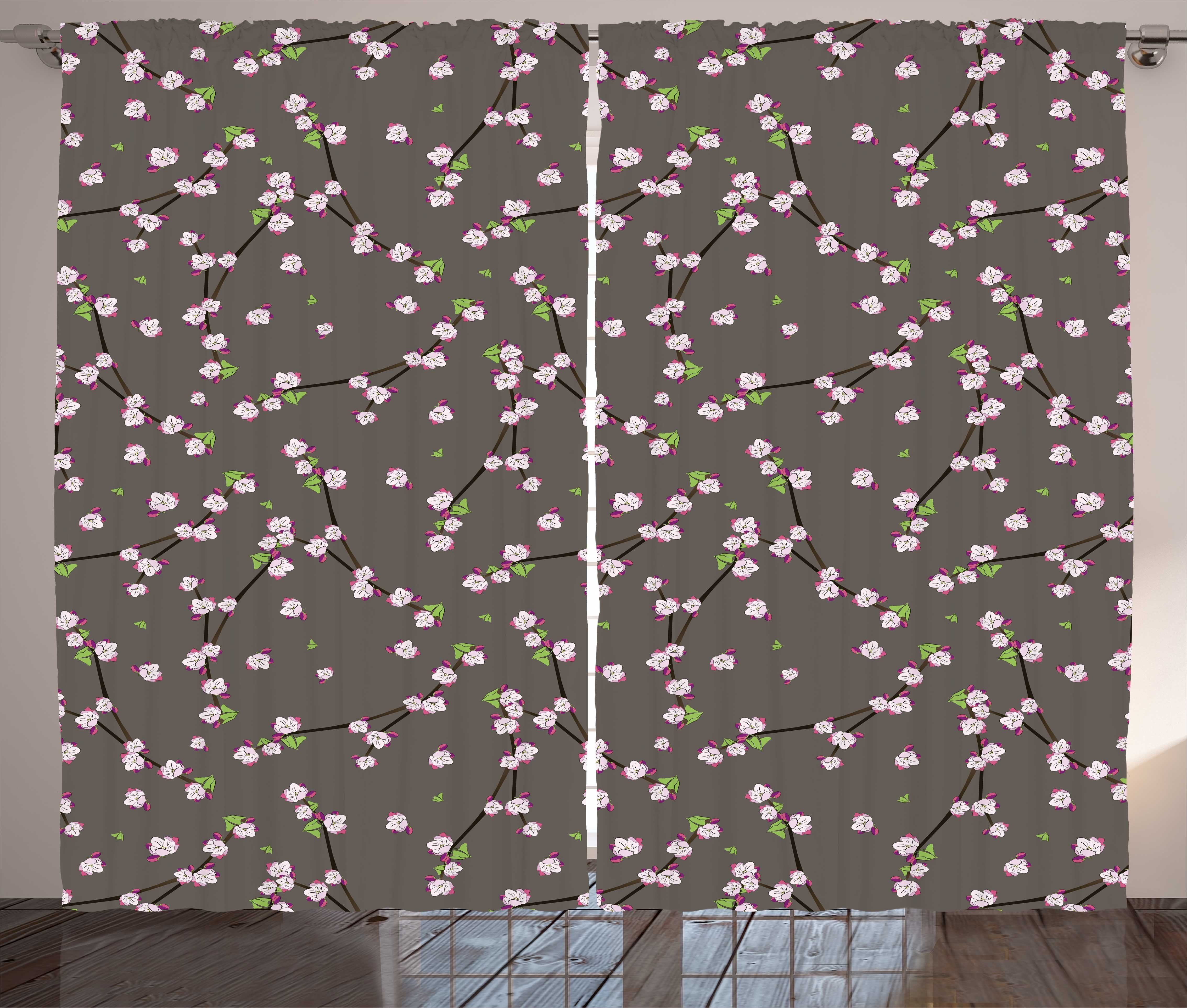 Haken, Schlafzimmer Blumen Zweige Kräuselband Abakuhaus, mit Schlaufen Blühende Gardine und Vorhang Zweige