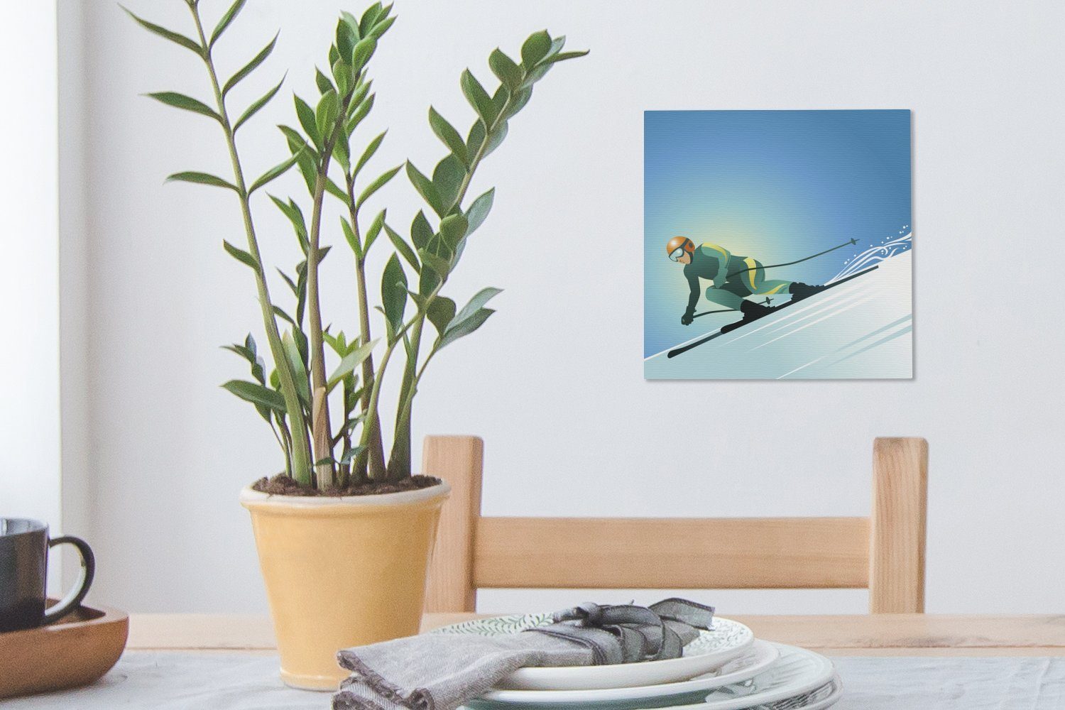 einer OneMillionCanvasses® Illustration Wohnzimmer steilen Bilder eines auf (1 Schlafzimmer Piste, Leinwandbild St), Leinwand für Skifahrers