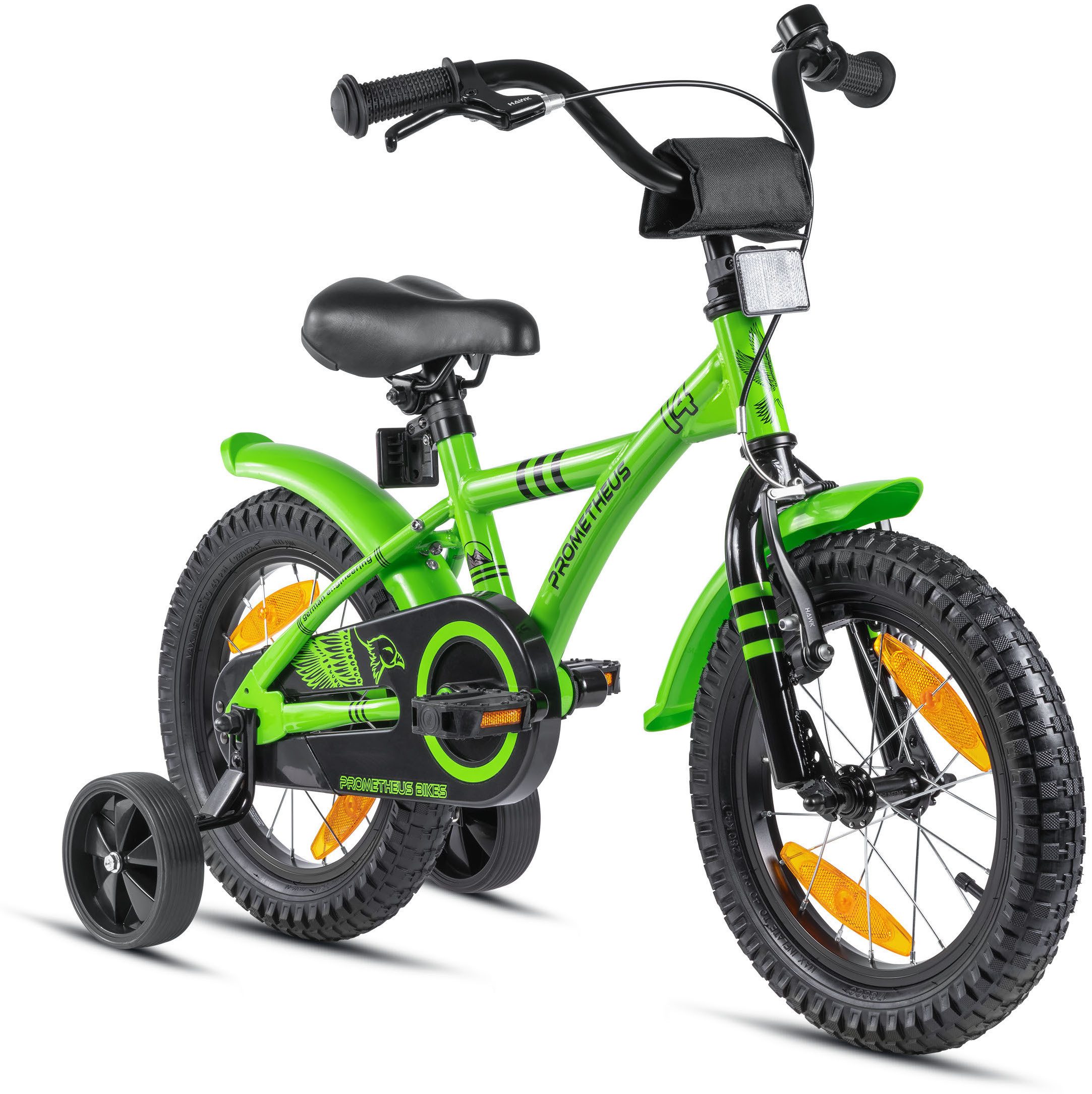 PROMETHEUS BICYCLES Kinderfahrrad HAWK 14 Zoll ab 4 Jahre, 1 Gang, Junge Mädchen Fahrrad Kinder mit Rücktrittbremse Stützräder