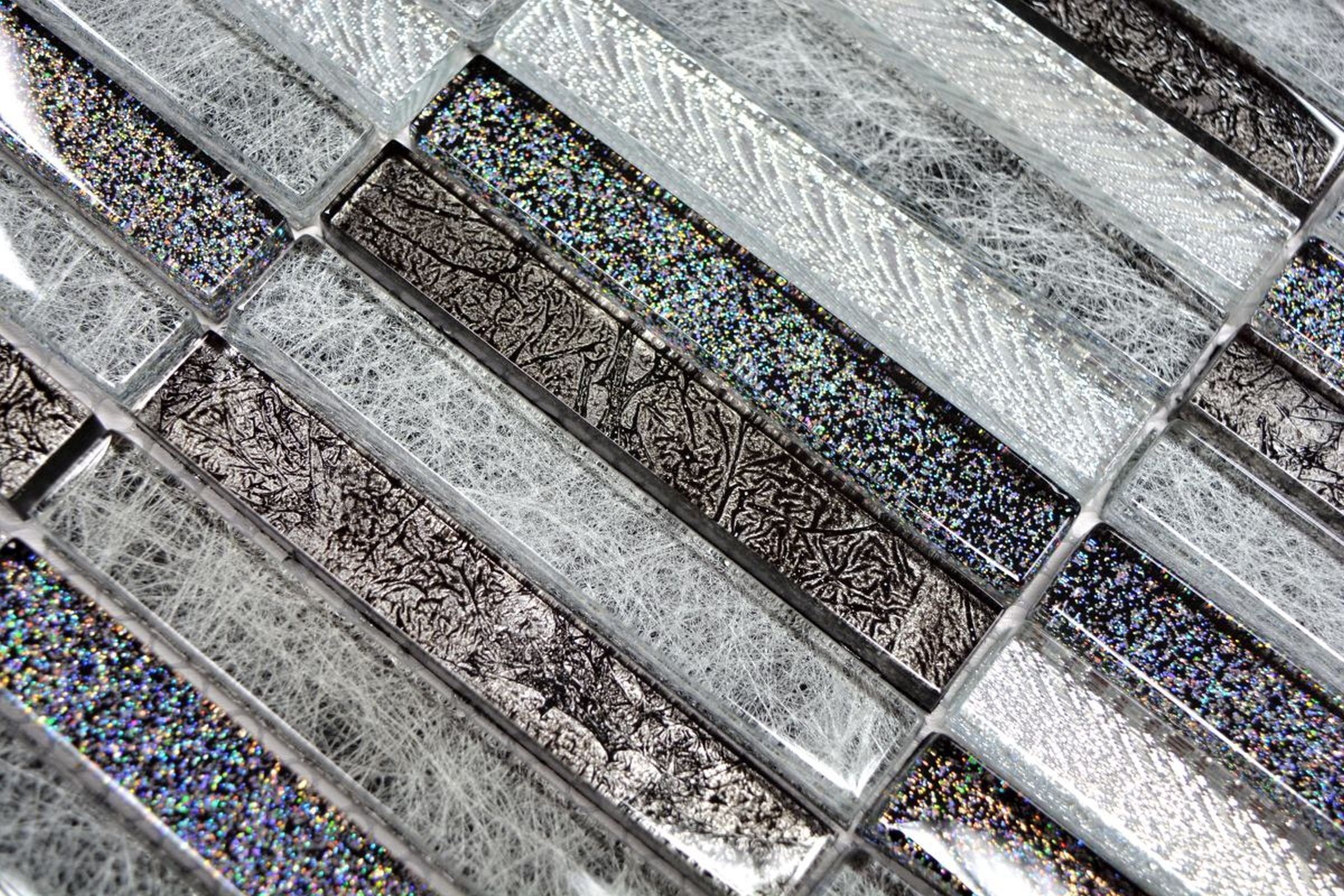 Glasmosaik Mosani Mosaikfliesen Fliesenspiegel Mosaikfliesen silber Stäbchen glitzer
