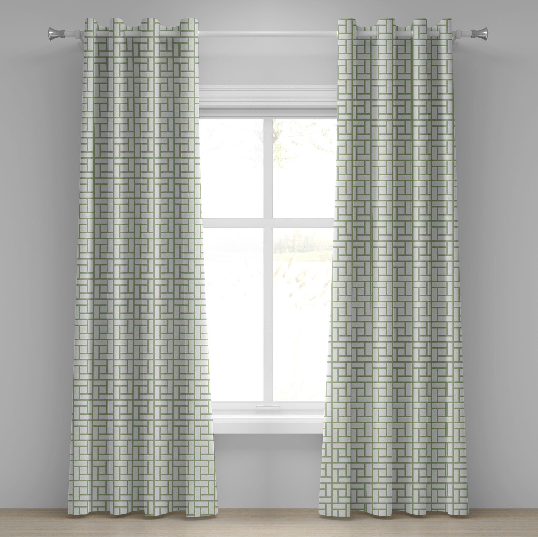 Gardine Dekorative 2-Panel-Fenstervorhänge für Schlafzimmer Wohnzimmer, Abakuhaus, Grün Maze geformte Quadrate Linien