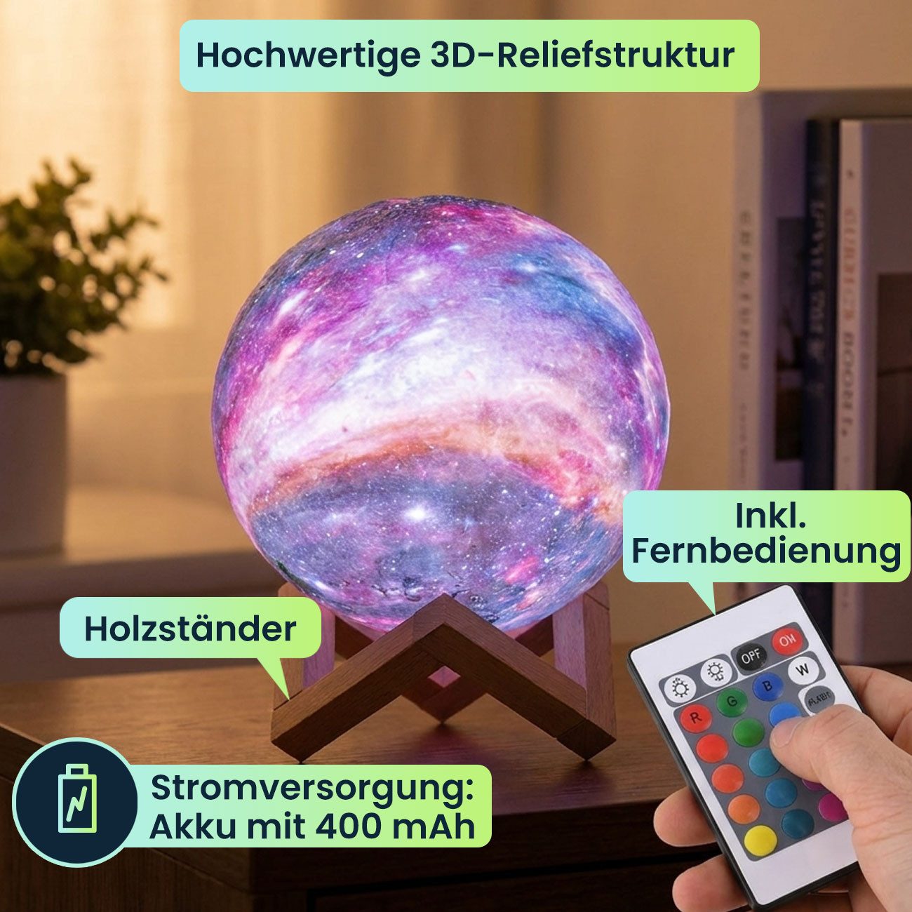 Casativo Nachtlicht 3D Galaxy Mond Lampe 15cm: 16 Farben, dimmbar, Fernbedienung & Holzfuß, Akku Nachtlicht & Deko
