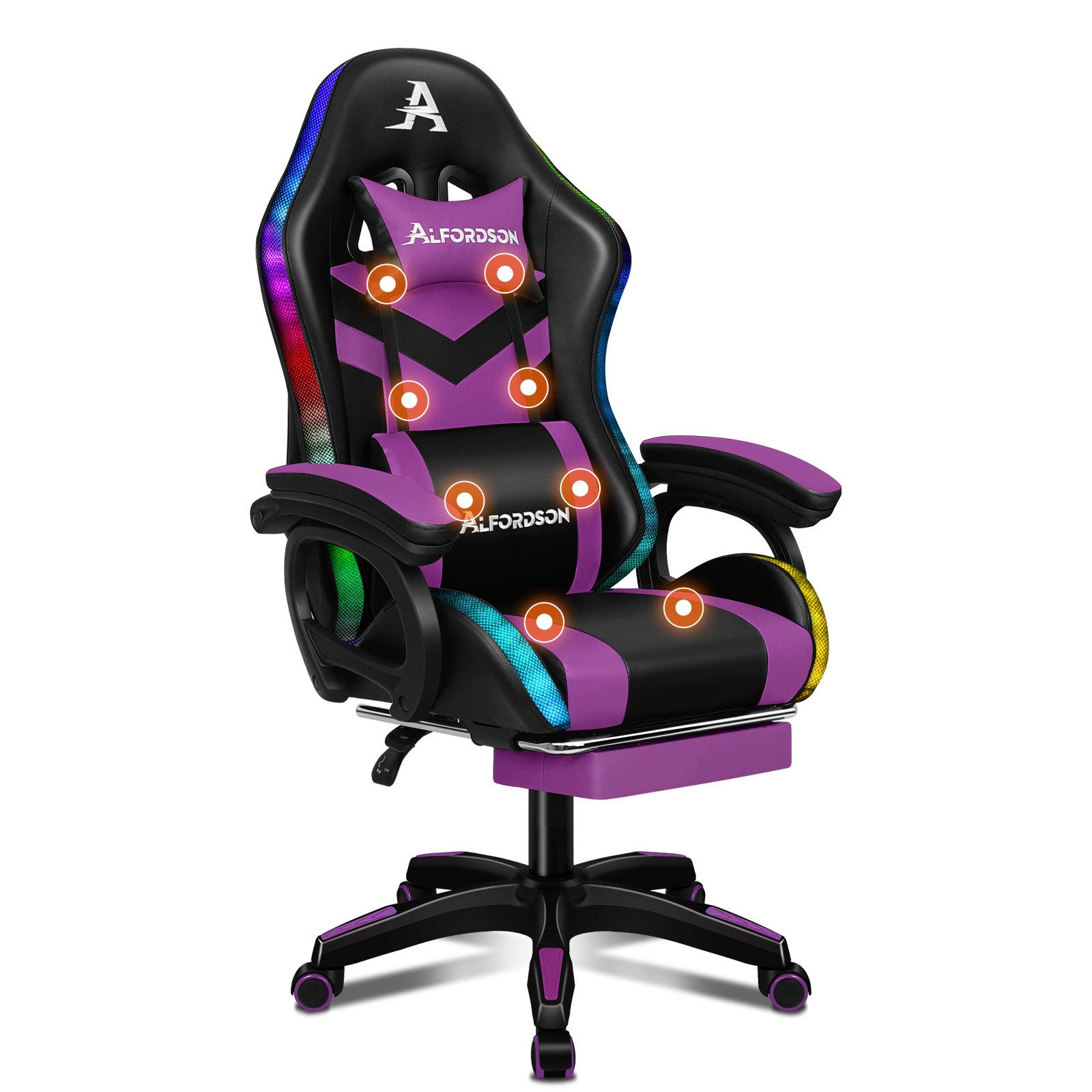 ALFORDSON Gaming-Stuhl ergonomisch mit Lendenwirbelstütze, Kopfstütze & 8-Punkt-Massage (1 St), Höhenverstellbar, neigbar, für Erwachsene, Mädchen und Jungen – Lila