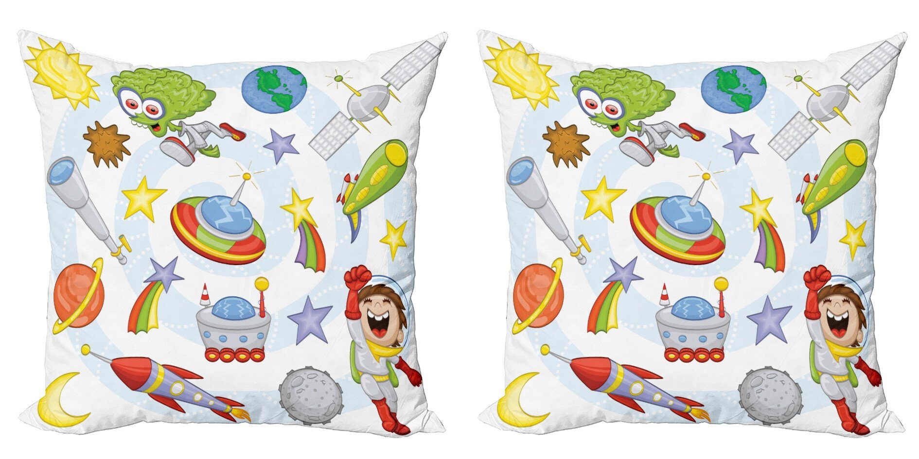 Kissenbezüge Modern Accent Doppelseitiger Digitaldruck, Abakuhaus (2 Stück), Karikatur Kinder-Weltraum-Erde