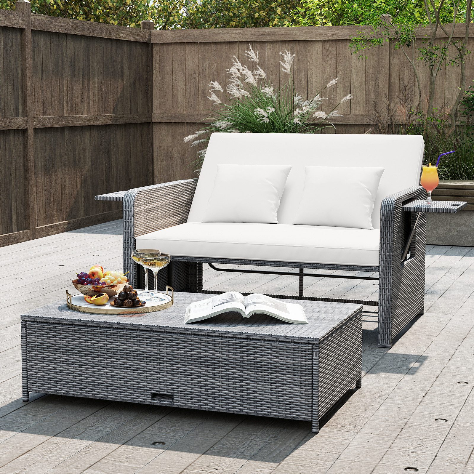 COSTWAY Loungebett, Gartenliege mit Auflage, verstellbarer Rückenlehne, Stauraum Rattan