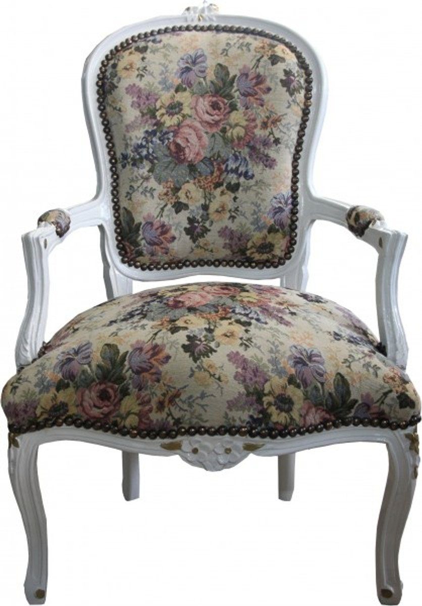 Casa Padrino Besucherstuhl Barock Salon Stuhl Blumen Muster / Creme / Gold - Antik Design Möbel - Limited Edition