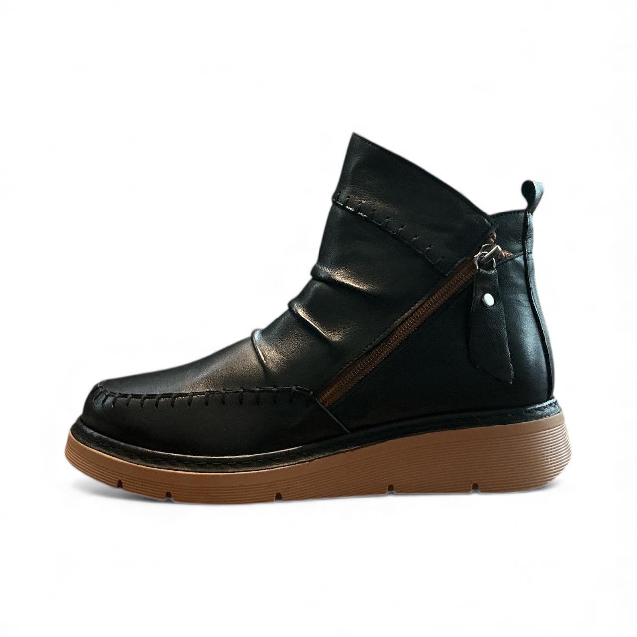 Begoria Damen Echtleder Boots mit Raffung – KomfortFalten Stiefeletten Stiefelette