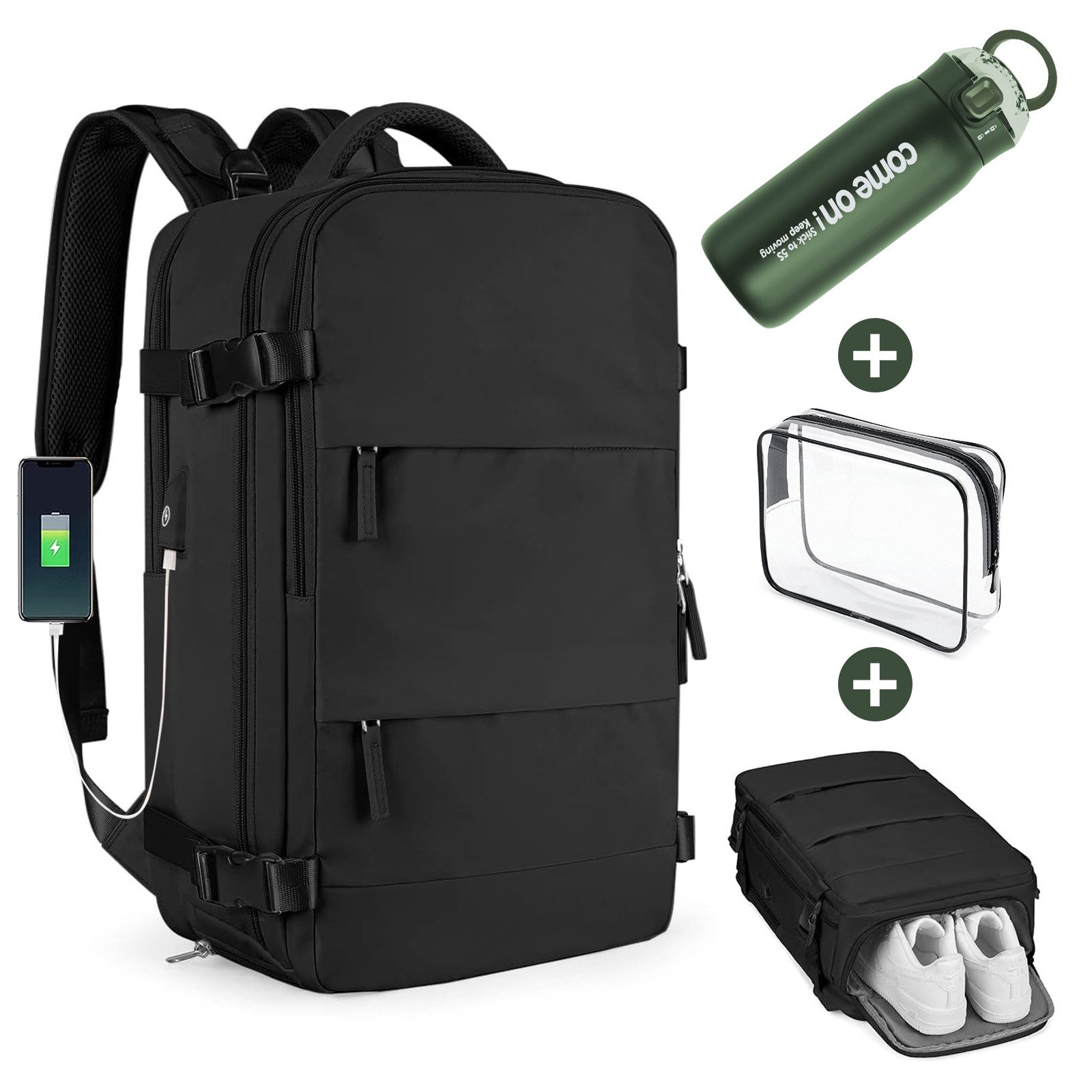 INTEBIKI Reiserucksack Lässiger Rucksack Damen und Herren (Reiserucksack Wasserdicht groß mit USB-Lade-Anschluss für 15,6" laptop Combo Edelstahl Thermobecher 500ml), Airline Approved, Bonus: PVC-Kulturbeutel