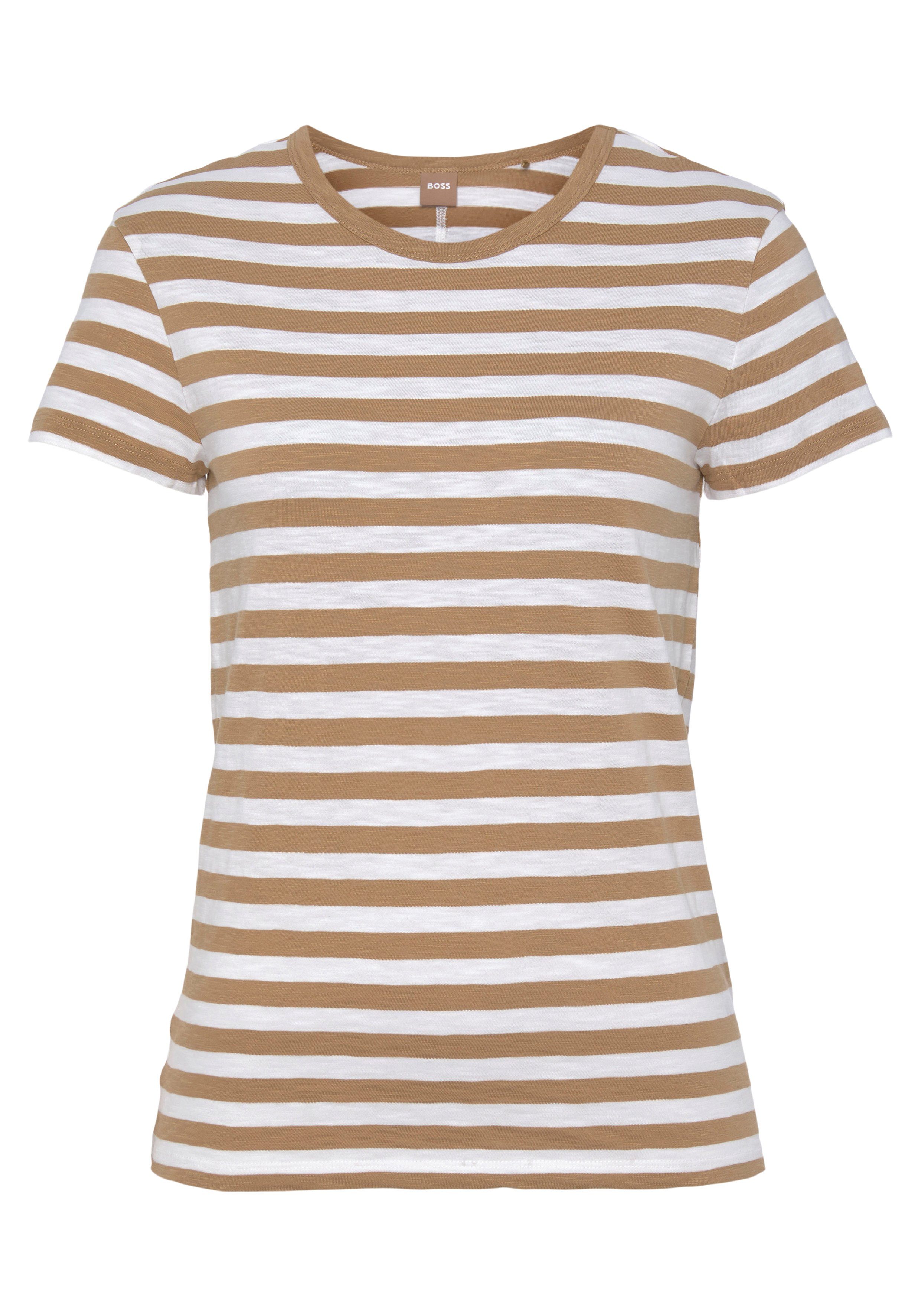 BOSS ORANGE Rundhalsshirt mit Teilungsnaht hintere Mitte Braun-Weiß gestreift | T-Shirts