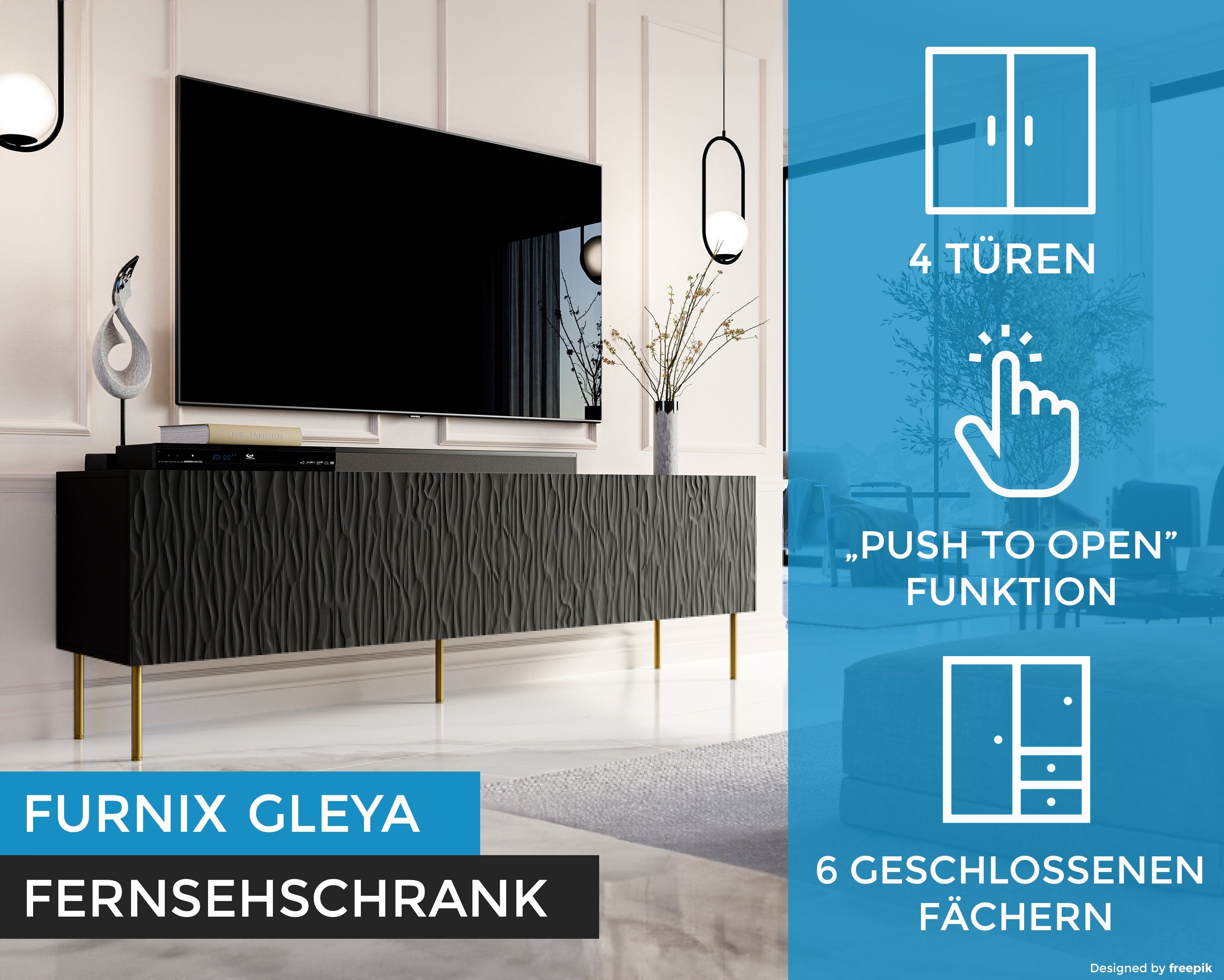 Struktur Schwarz Fronten TV-Schrank gefrästen mit Furnix multifunktionell Fernsehschrank 190 GLEYA