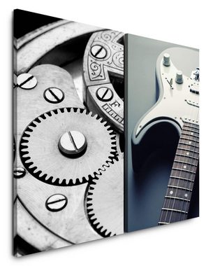 Sinus Art Leinwandbild 2 Bilder je 60x90cm Zahnräder Uhrwerk Technik E-Gitarre Steampunk Musik Gitarre