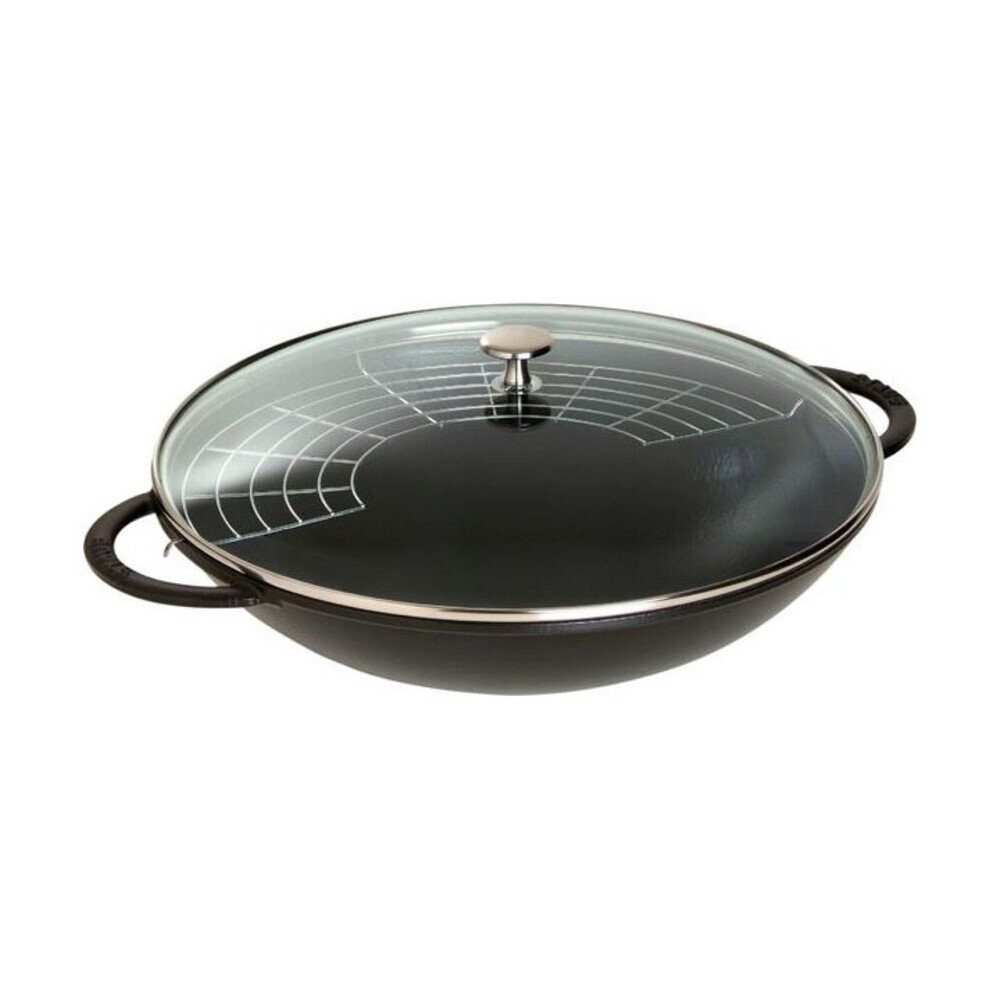 Staub Wok Wok mit Glasdeckel 37 cm schwarz, 5,7l, Made in France, Gusseisen, emailliert, schwarz, Induktion