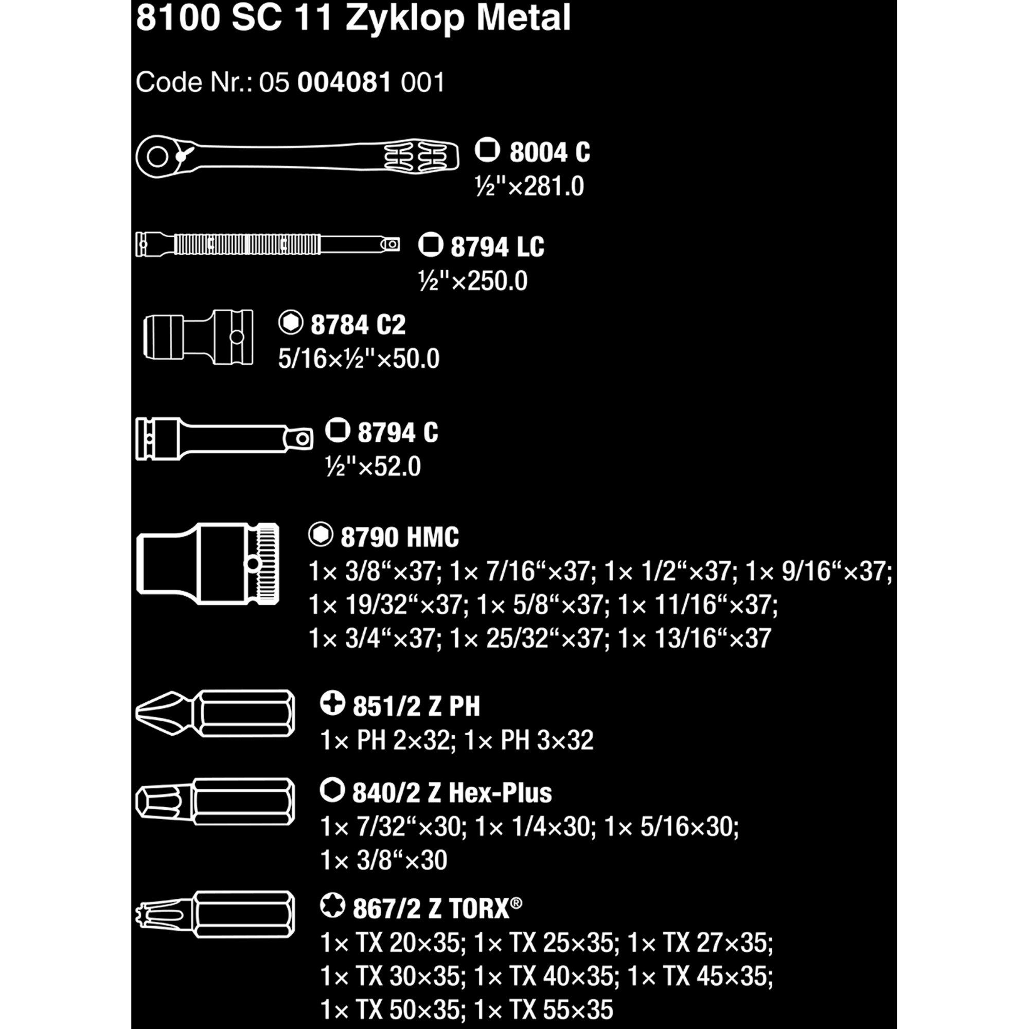 Wera 8100 Zyklop zöllig Metal-Knarrensatz, 11 Bit-Set SC Wera