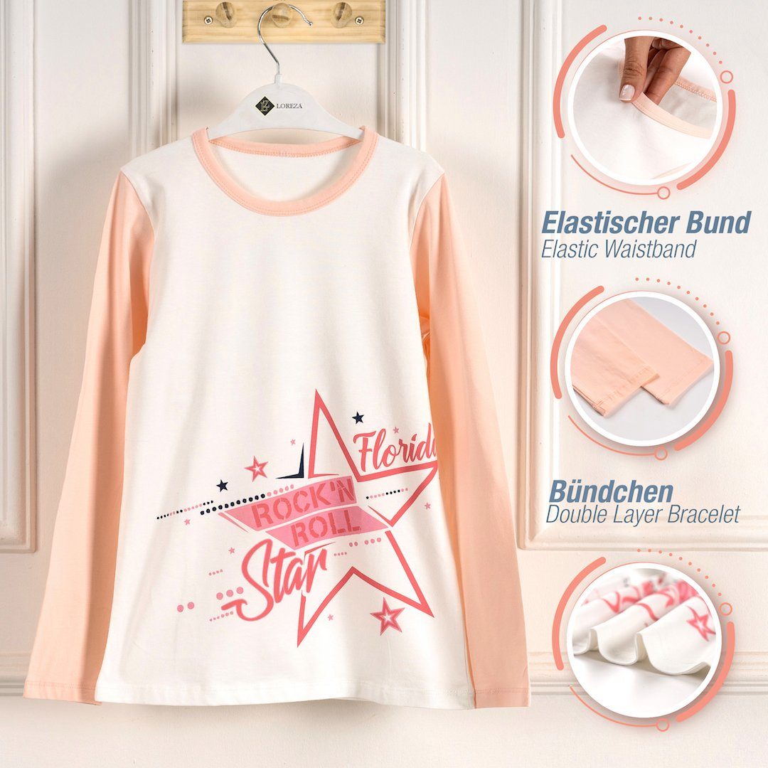 Langarm 2 tlg) Baumwolle Mädchen - zweiteiliger LOREZA Schlafanzug STAR (Set, Pyjama