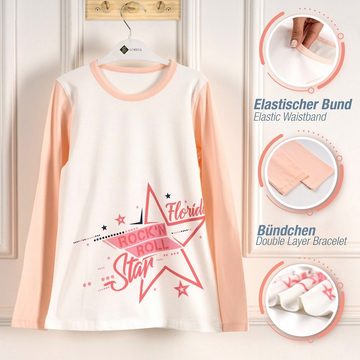 LOREZA Pyjama Mädchen Schlafanzug zweiteilig Set Langarm - Star (Set, 2 tlg)