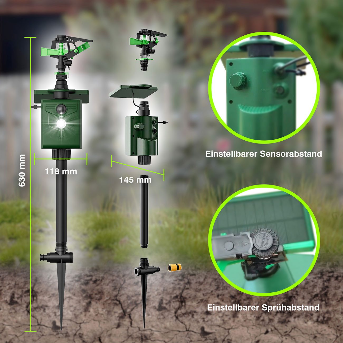 ISOTRONIC Wasserstrahl-Tiervertreiber solarbetrieb, Bewegungssensor: Vertreibt Wildtiere, 1-tlg., Reichweite Wasserstrahl bis zu 10 m