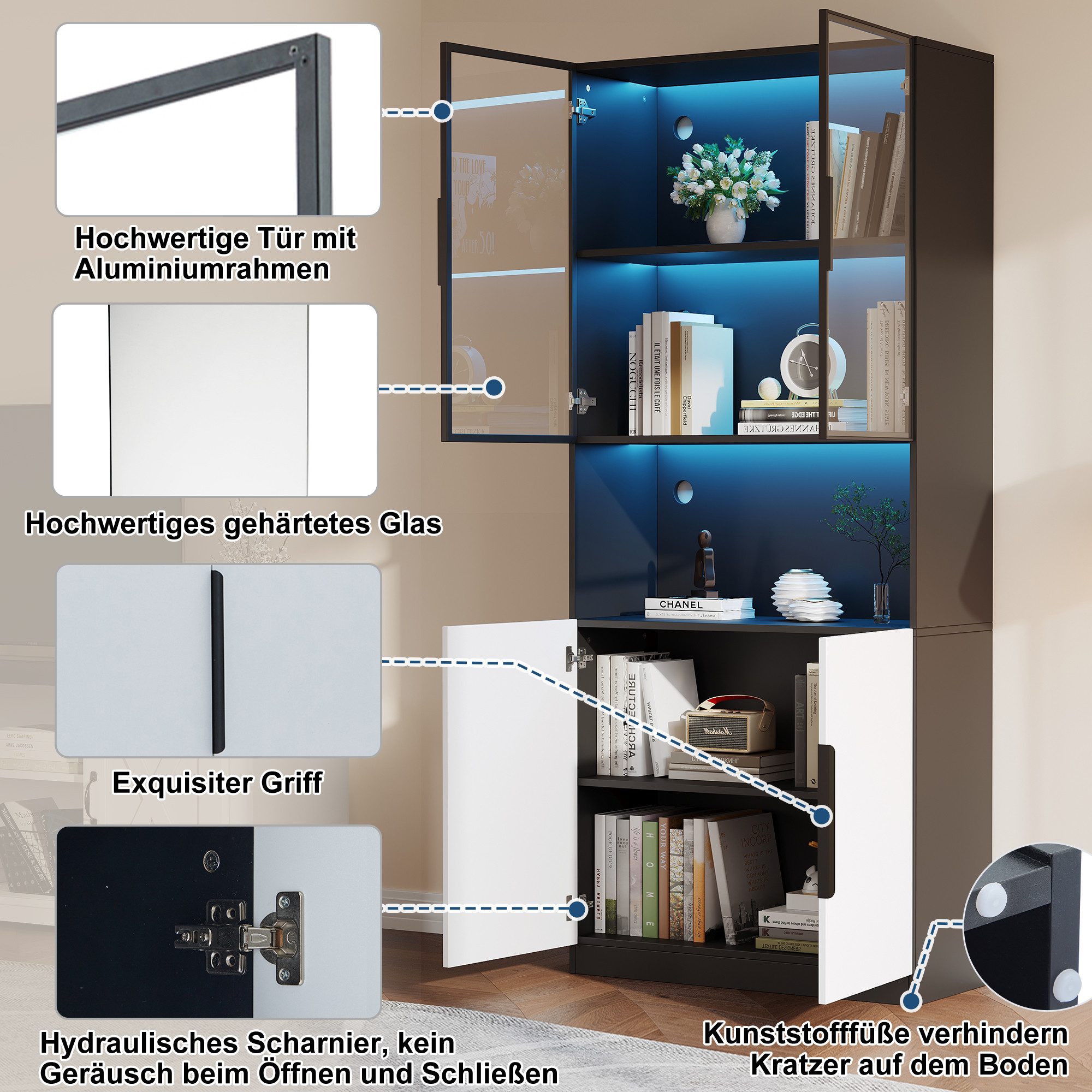 Merax Vitrine mit Glastüren und Stauraum Badezimmerschrank mit LED, Mehrzweckschrank,Bücherschrank, Höhe 200cm
