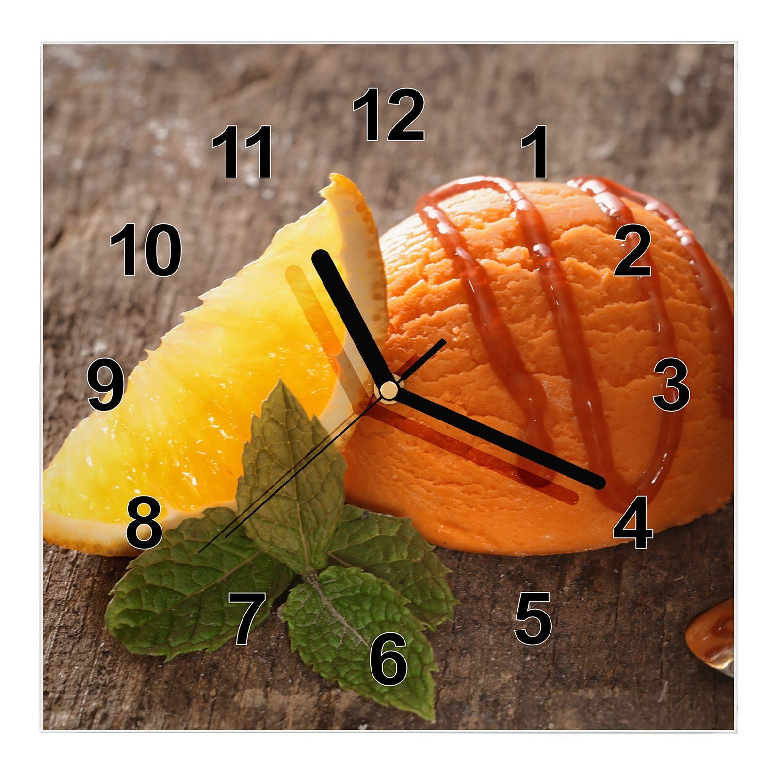 Primedeco Wanduhr mit Orange Größe 30 Wanduhr Zitrone Eiskugel mit cm Motiv x 30 Glasuhr Wandkunst