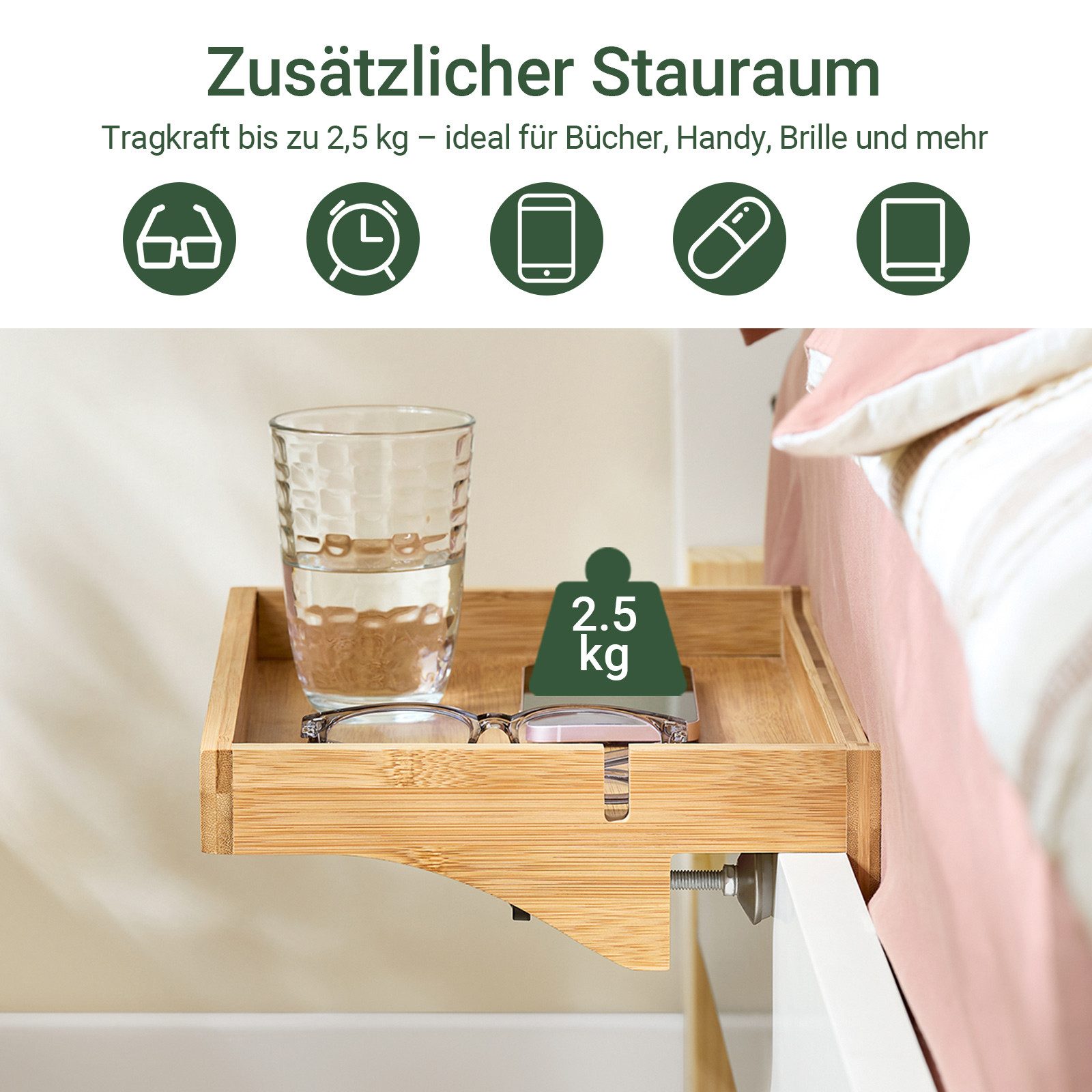 SoBuy Nachttisch NKD01, Klemmregal fürs Bett mit Kabelführung, Bambus, Bettablage mit Kabelführung Regal für Mobiltelefon Fernbedienung