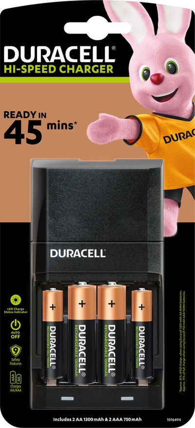 Duracell CEF27 Mignon AA/Micro AAA Batterie-Ladegerät (NiMH Akku Ladegerät, 1 Stück, inkl. 2x2 Akkus (AA/AAA)