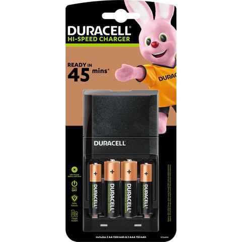 Duracell CEF27 Mignon AA/Micro AAA Batterie-Ladegerät (NiMH Akku Ladegerät, 1 Stück, inkl. 2x2 Akkus (AA/AAA)