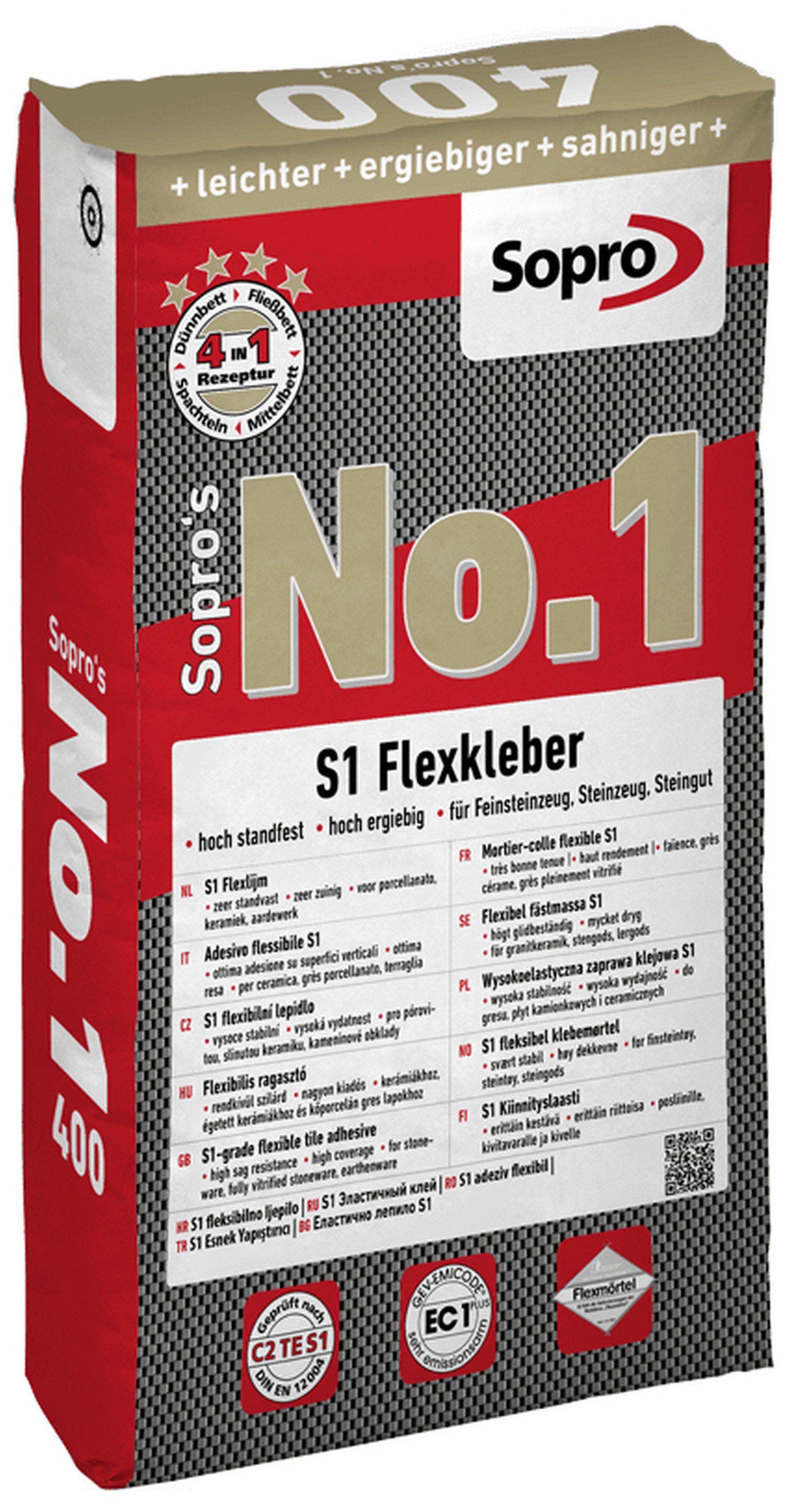 Sopro Bauchemie GmbH Fliesenkleber Sopro No.1 400 Flexkleber Fliesenkleber Klebemörtel C2TE S1 grau 25kg, 25,00 kg, S1 Flexkleber, C2TE S1, Fliese auf Fliese, Fußbodenheizungen geeignet