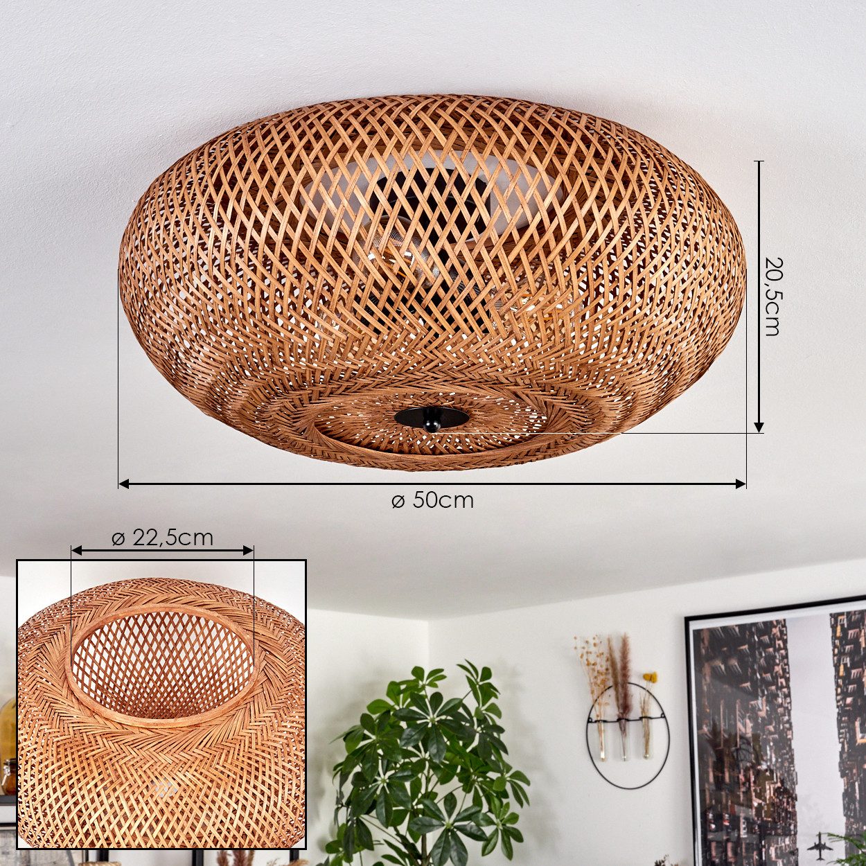 hofstein Deckenleuchte moderne Deckenlampe aus Metall/Bambus/Holz in Schwarz/Natur, ohne Leuchtmittel, Boho-Design Deckenleuchte,Lichteffekt, Ø50cm, 3xE27, ohne – Bild 4 von 5