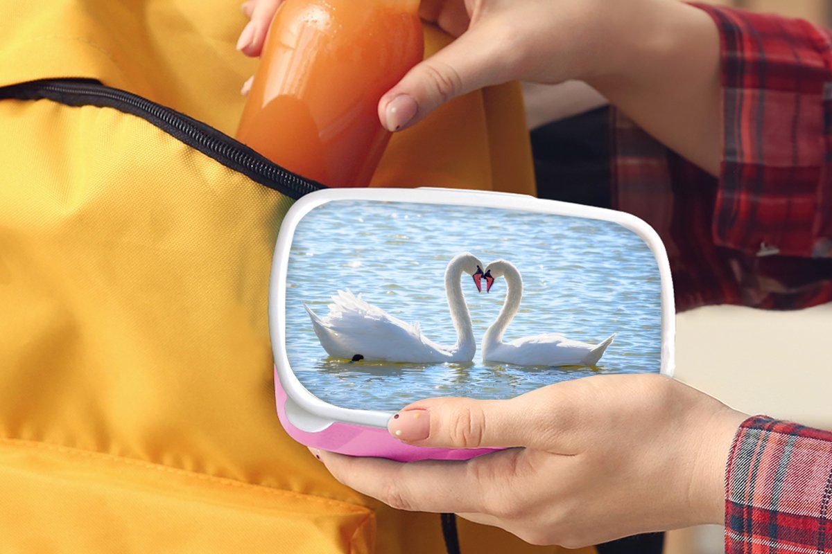 MuchoWow Lunchbox Vögel - Schwan Kinder, - Brotbox Erwachsene, Mädchen, Wasser - Liebe - Brotdose (2-tlg), Kunststoff, Sonne, Kunststoff rosa für Snackbox
