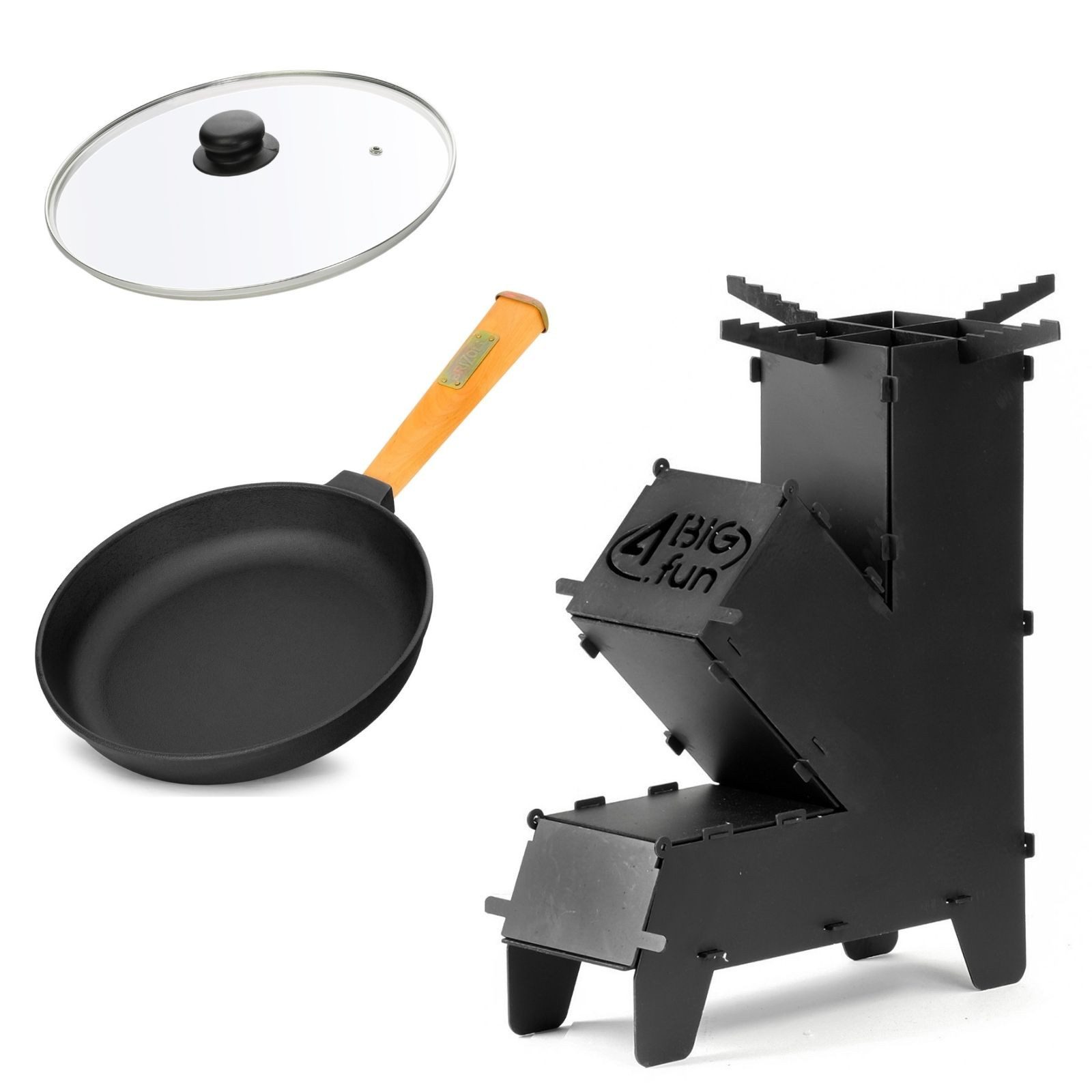 BIG-PAN Feuerstelle Raketenofen für Dutch Oven Campingkocher Rocket Ø22cm Gusseisenpfanne